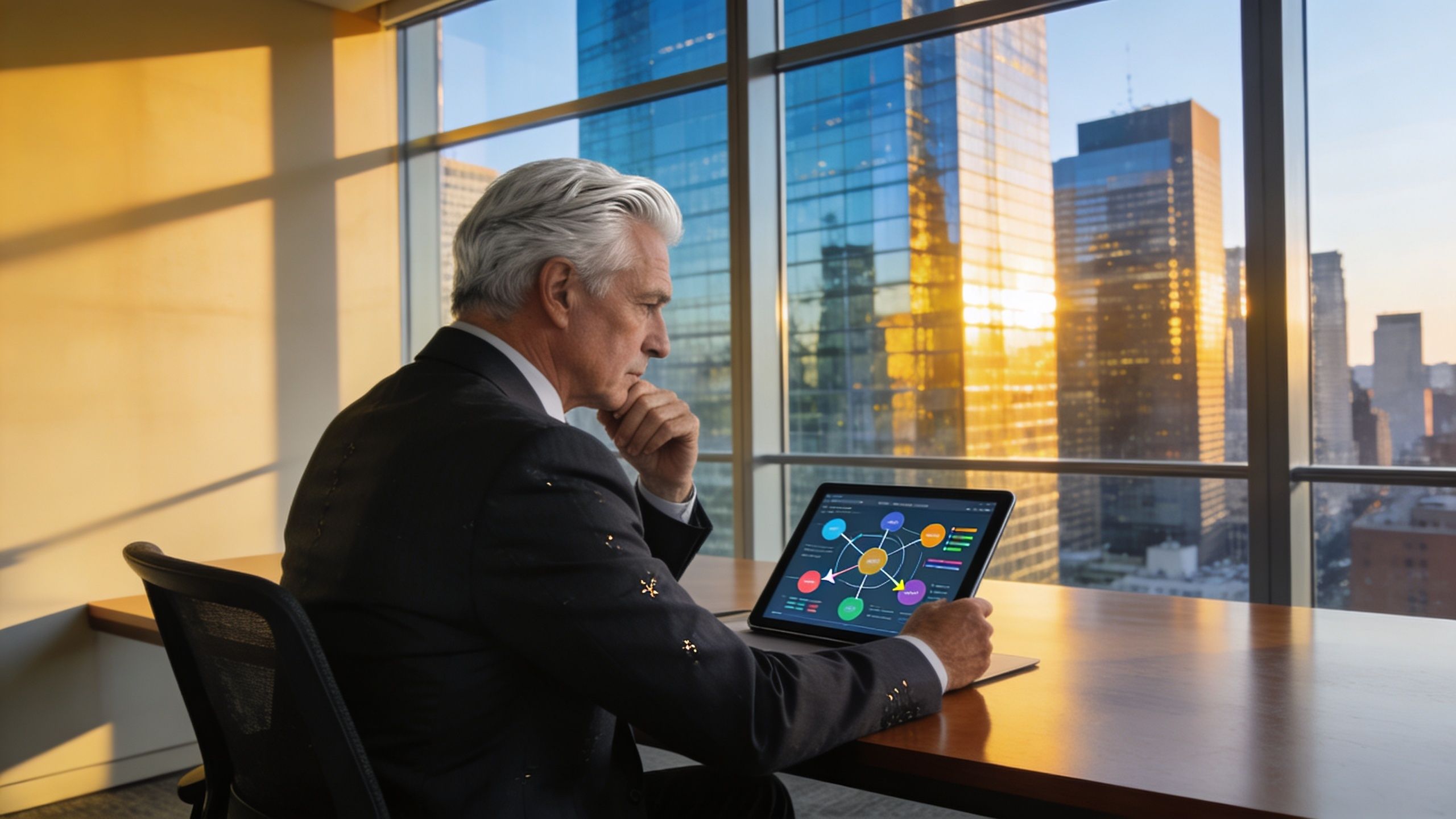 Un ejecutivo experimentado observa reflexivo un gráfico de negocios en su tableta digital frente a una ventana.