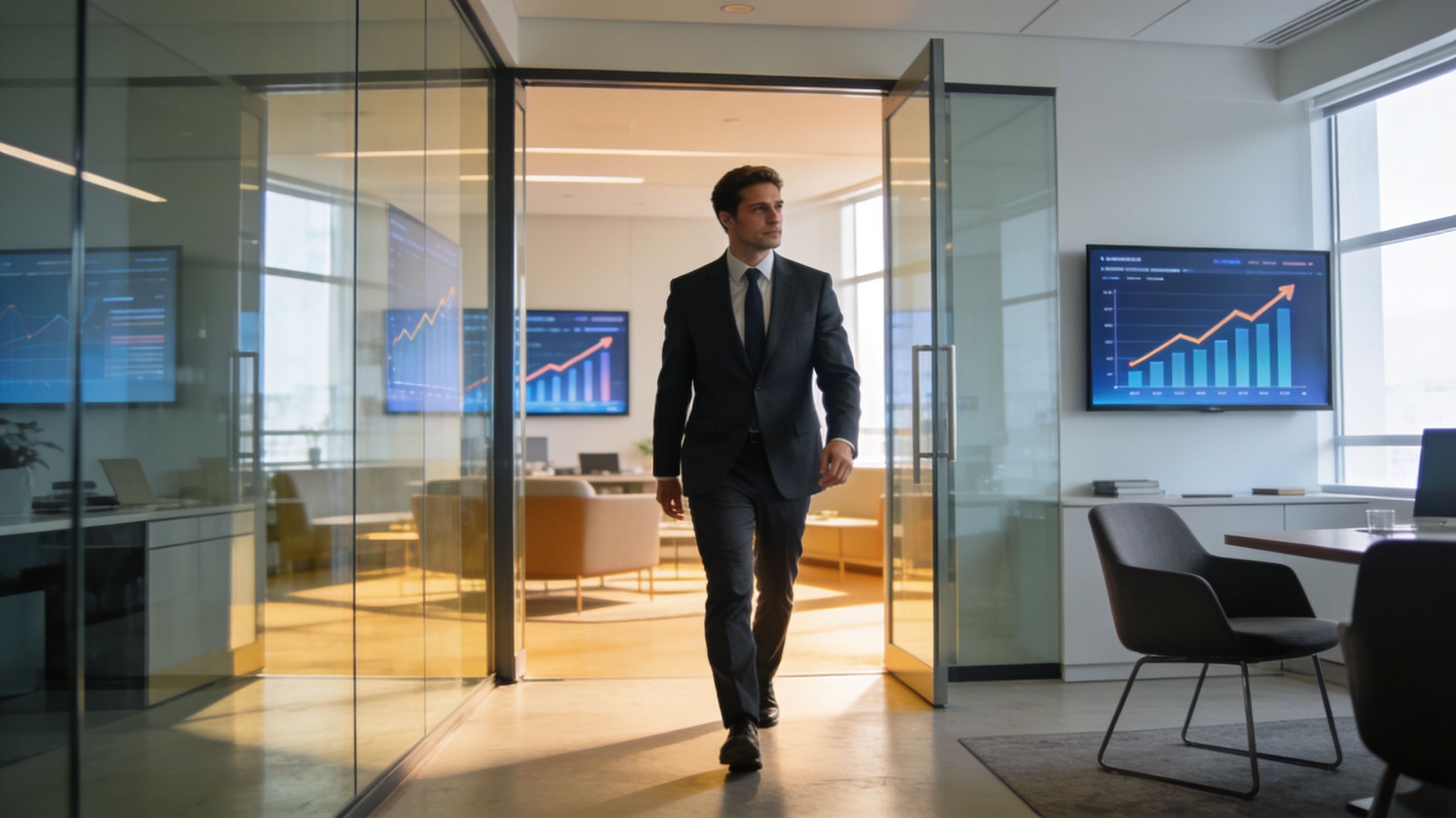 Un ejecutivo con traje camina por una oficina moderna con pantallas que muestran gráficos financieros digitales.
