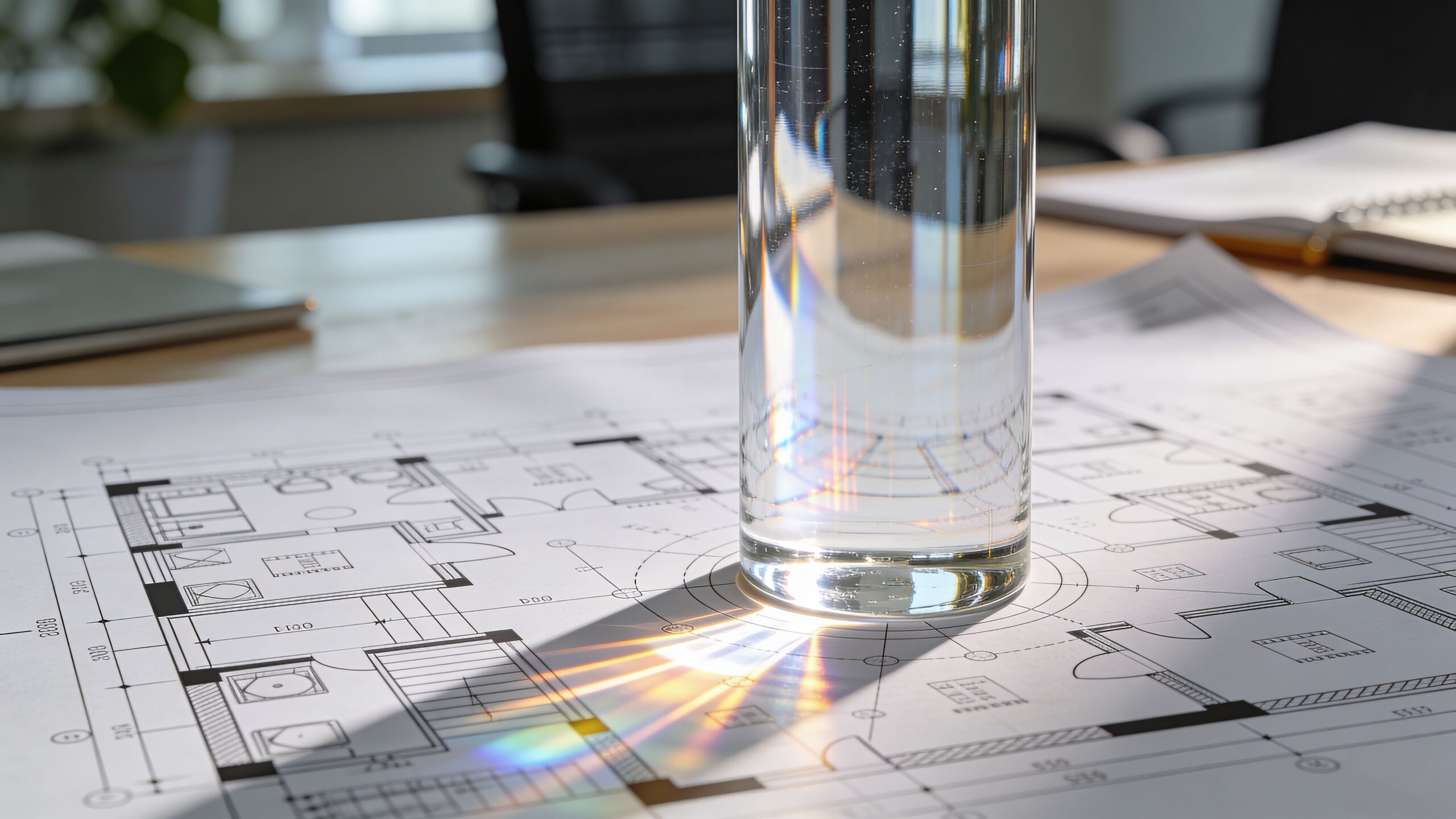 Un vaso de cristal con agua sobre planos arquitectónicos creando un efecto de refracción de luz colorida.