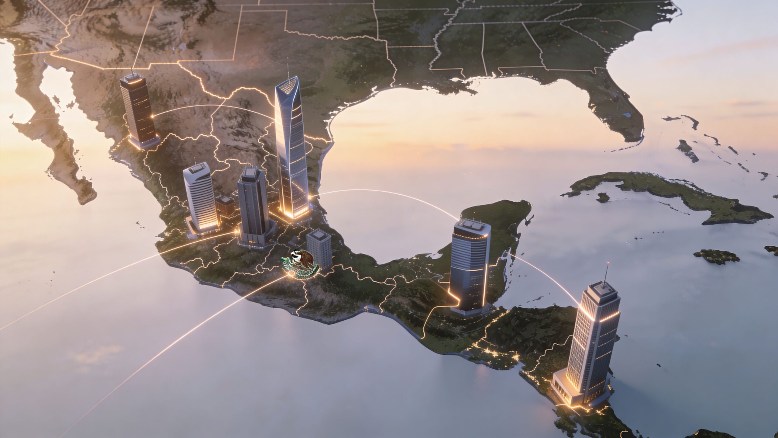 Representación digital de rascacielos conectados sobre un mapa de México y Centroamérica con líneas de comunicación.
