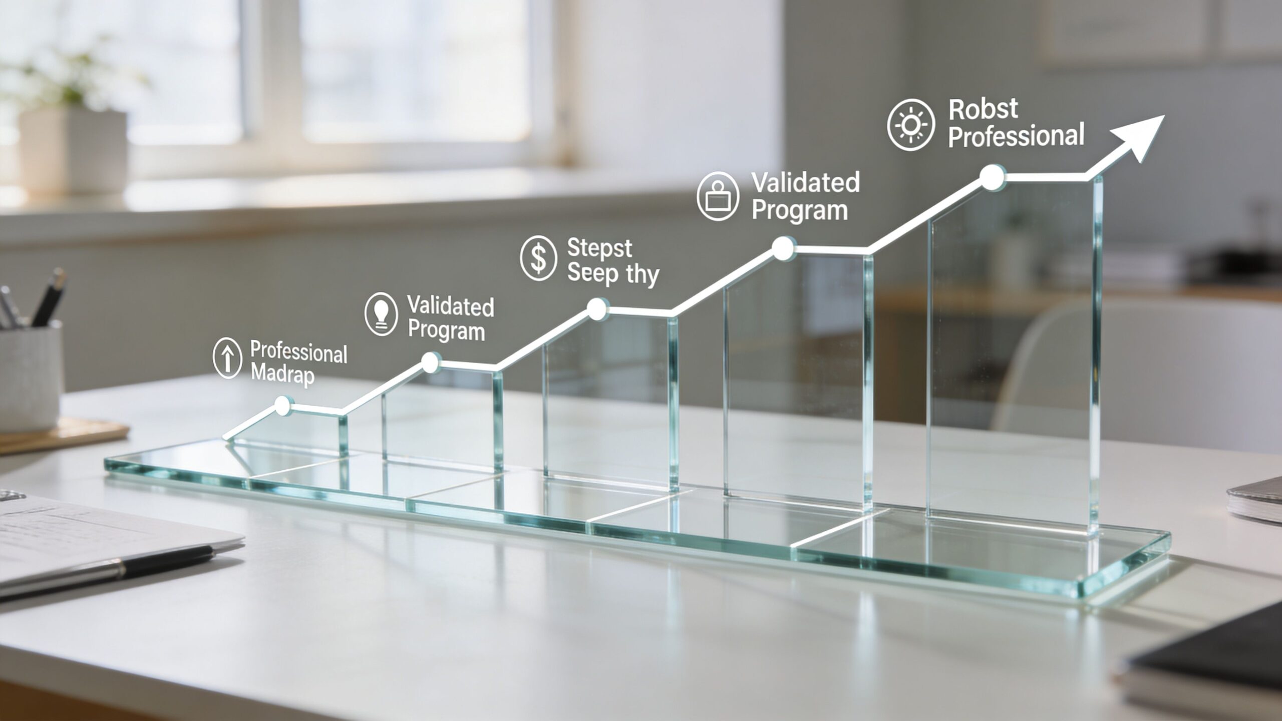 Representación gráfica de un crecimiento profesional con niveles escalonados sobre una mesa de oficina moderna y brillante.