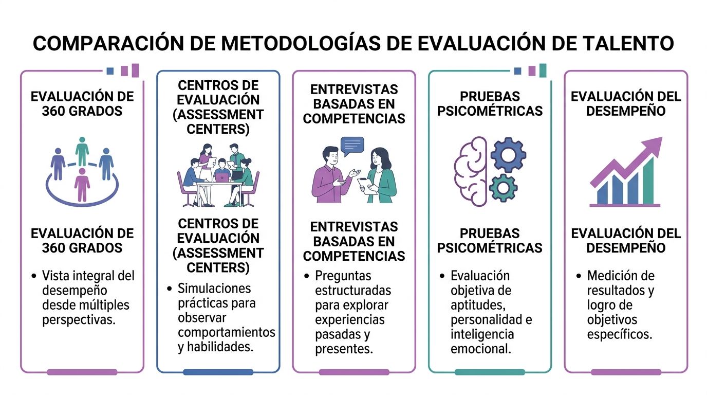 Infografía que compara cinco metodologías profesionales comunes utilizadas para la evaluación del talento en las empresas.