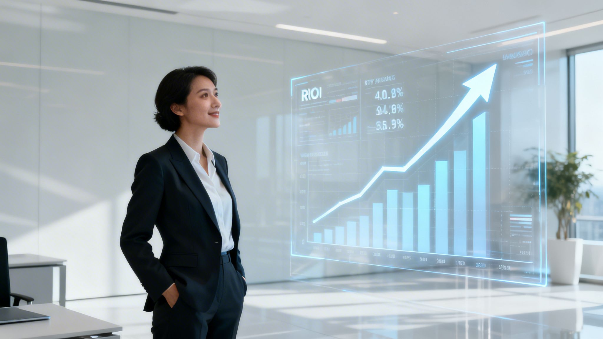 Una ejecutiva de negocios observa un gráfico de crecimiento financiero holográfico proyectado en una oficina moderna.