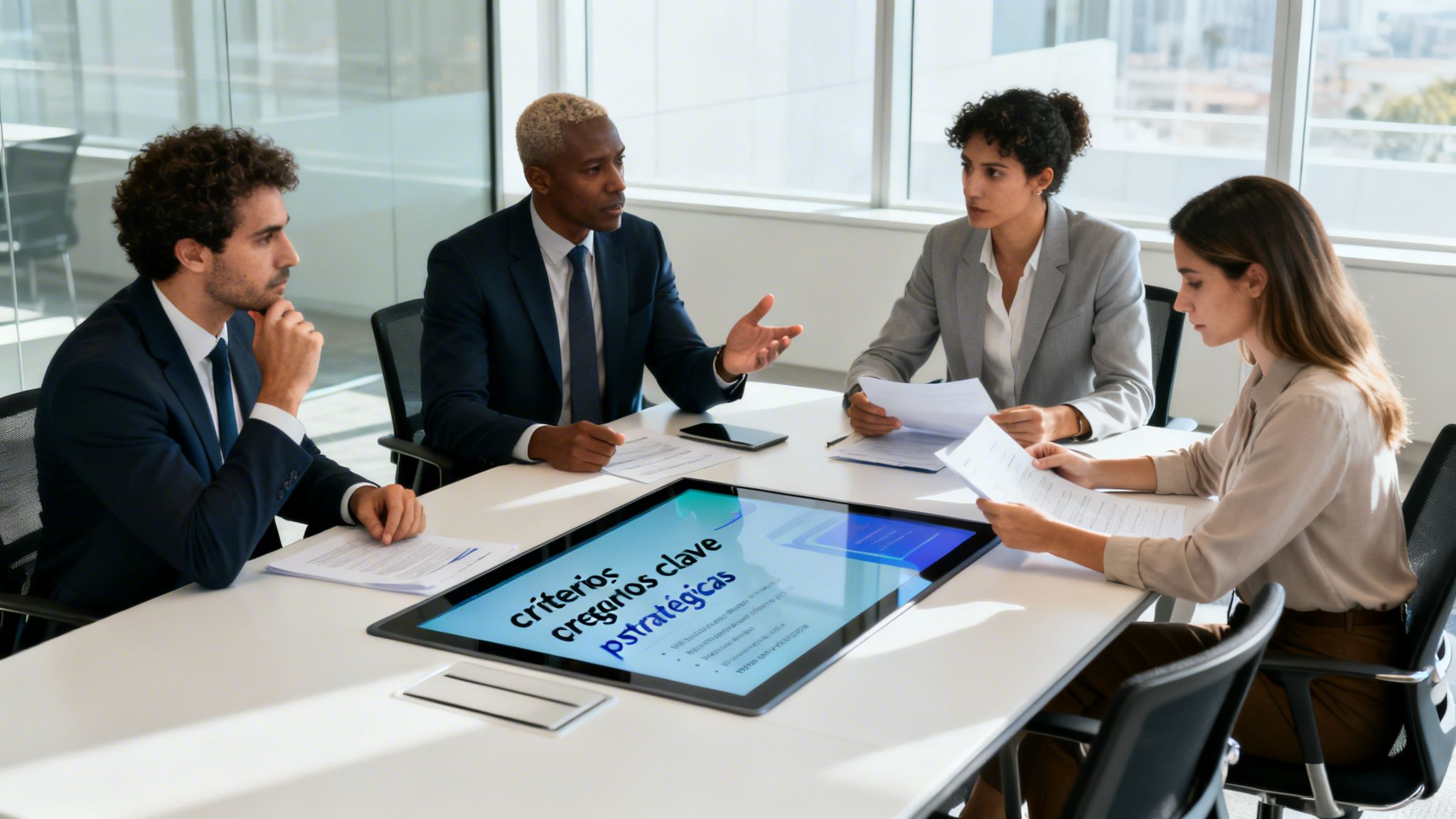 Un grupo de cuatro profesionales de negocios teniendo una reunión estratégica en una oficina moderna y brillante