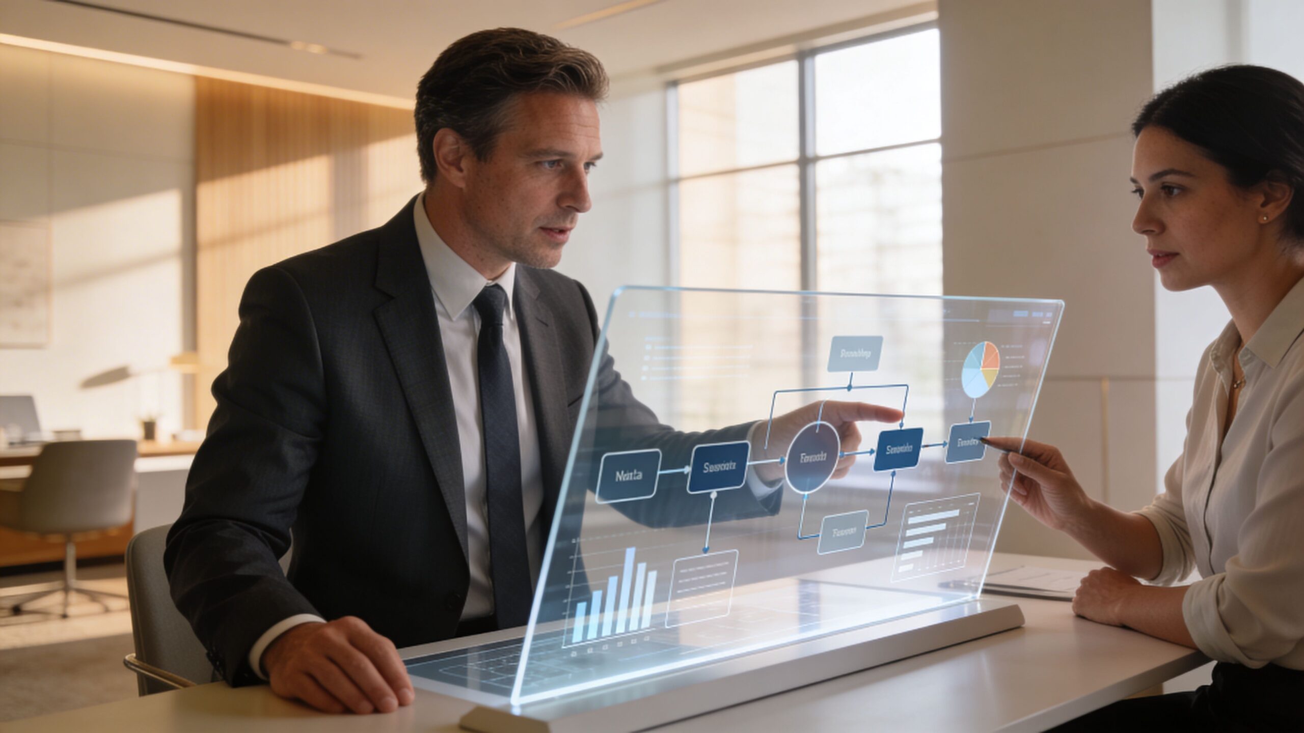 Un ejecutivo y una mujer colaborando frente a una pantalla táctil transparente con gráficos y datos empresariales proyectados.