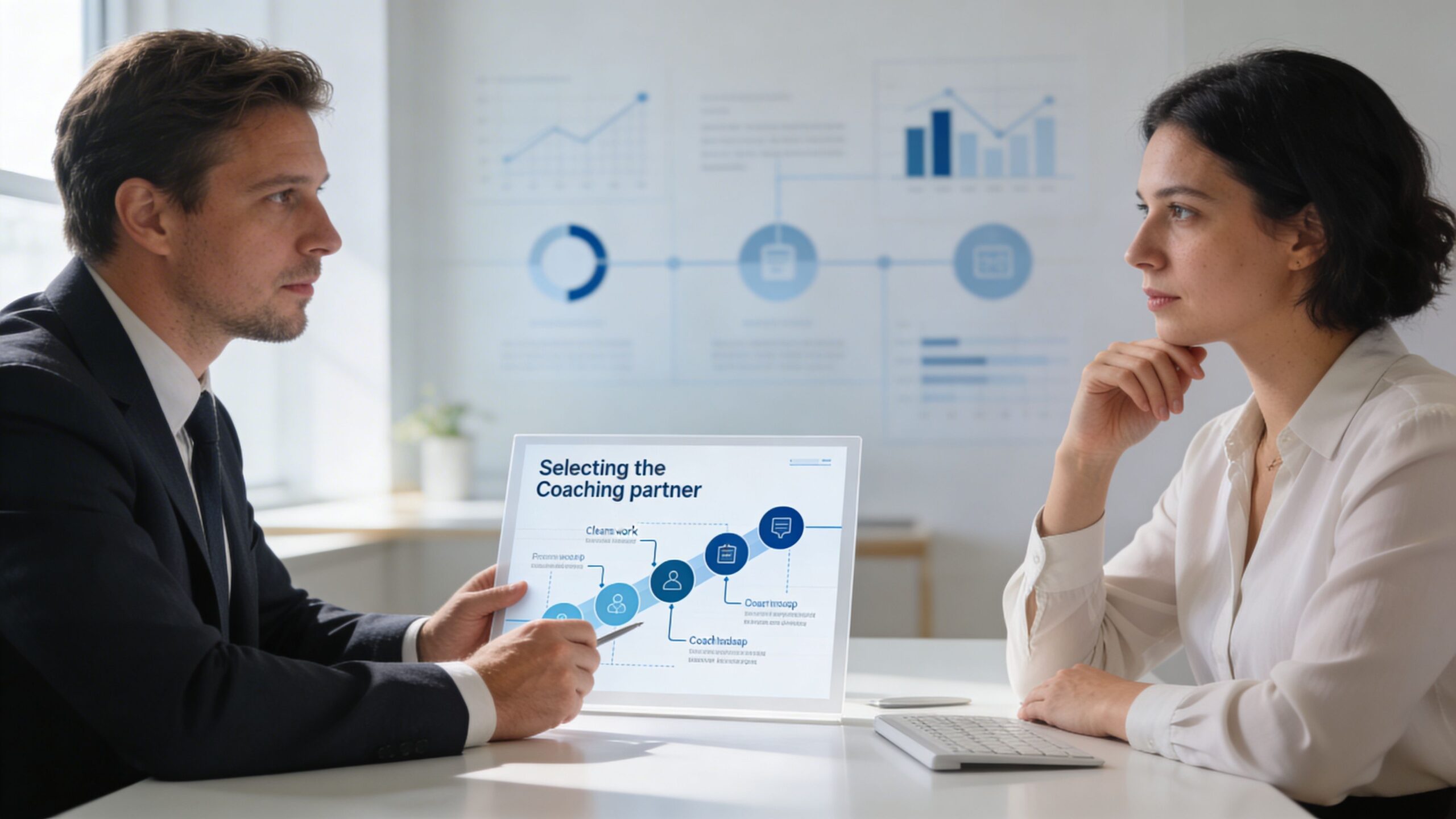 Un hombre y una mujer de negocios analizando un gráfico sobre la selección de un socio de coaching.