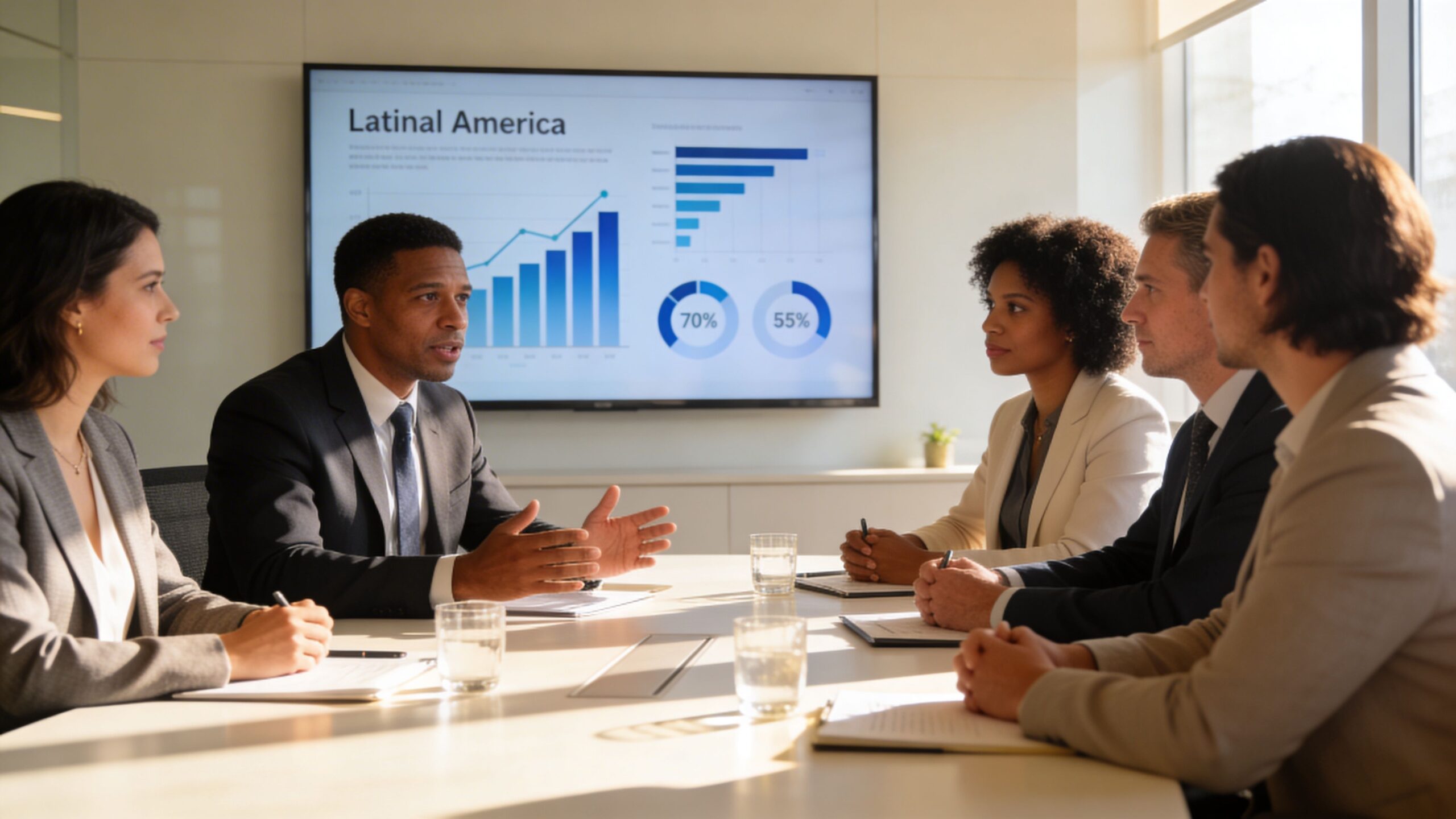Un equipo de ejecutivos diverso discutiendo estrategias de negocios durante una reunión profesional en una oficina moderna.