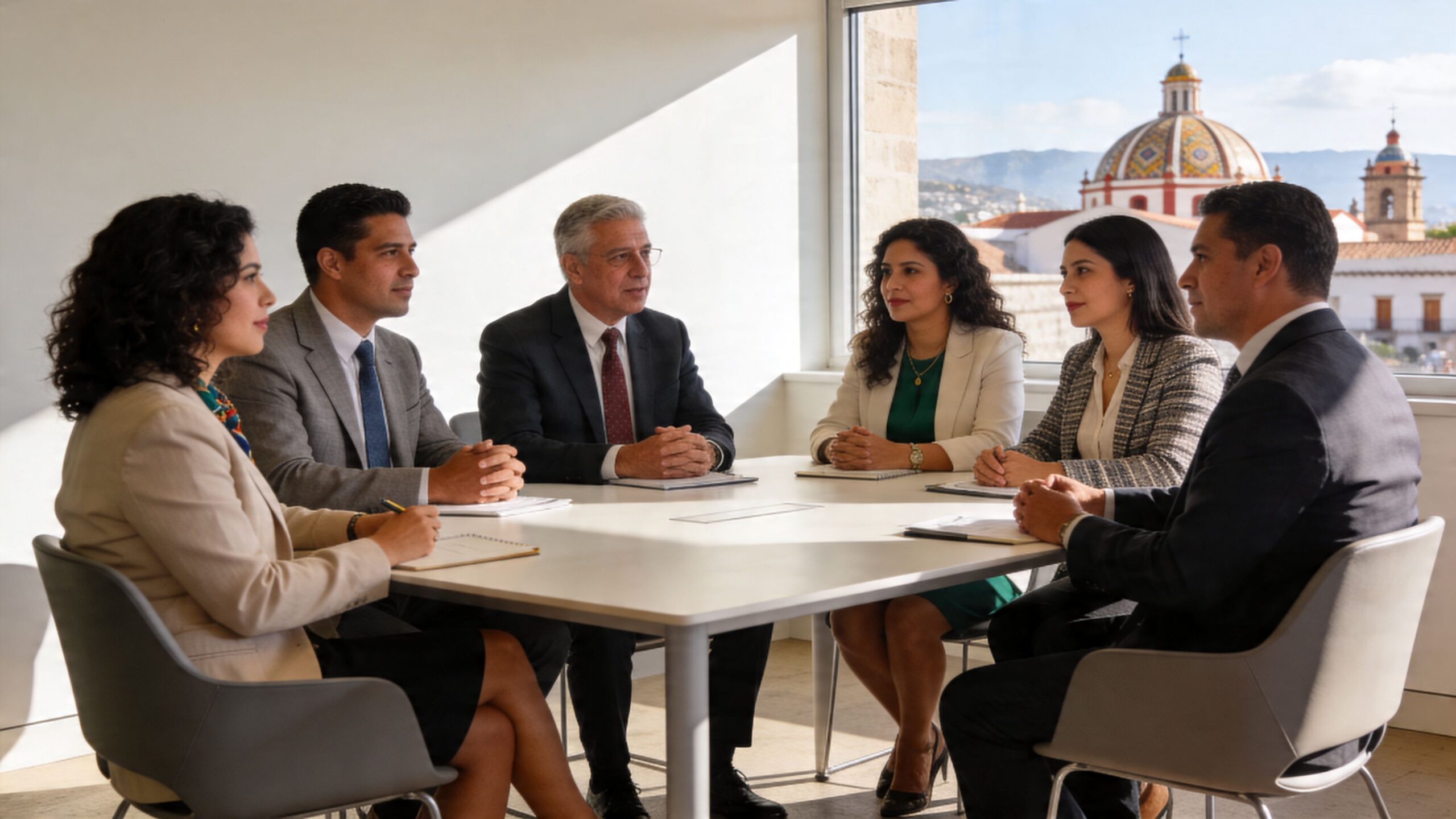 Un grupo de profesionales de negocios reunidos alrededor de una mesa de conferencias en una oficina corporativa.