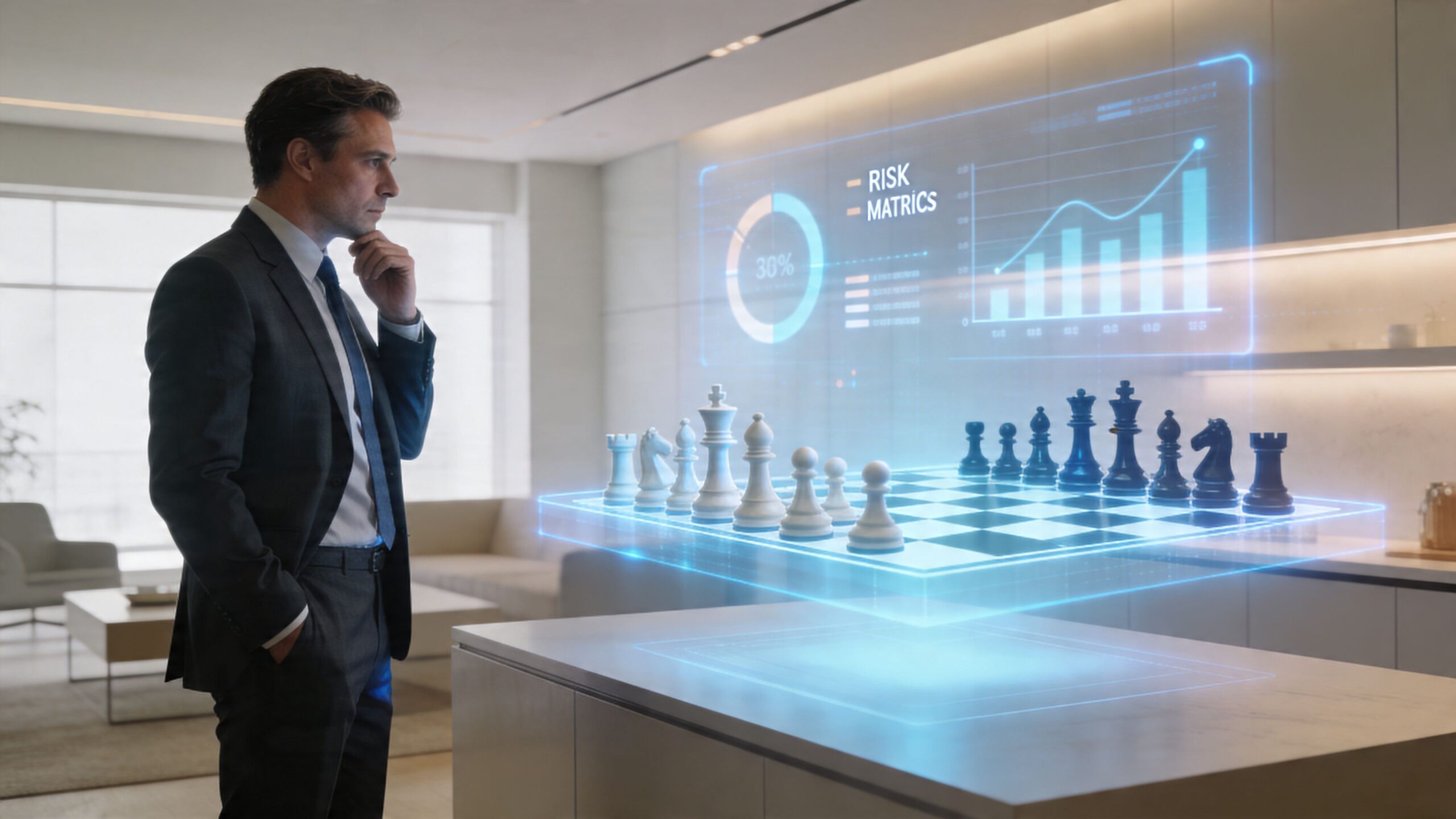 Un ejecutivo de negocios analizando datos financieros proyectados sobre un tablero de ajedrez holográfico en una oficina moderna.