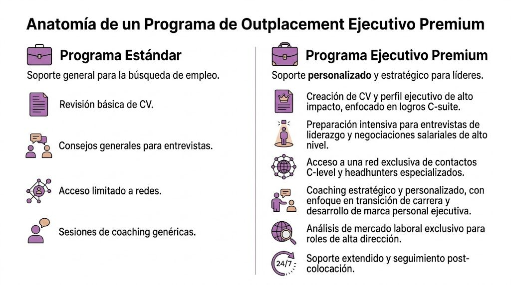 Comparativa entre un programa de outplacement estándar y uno ejecutivo premium para búsqueda de empleo directivo.