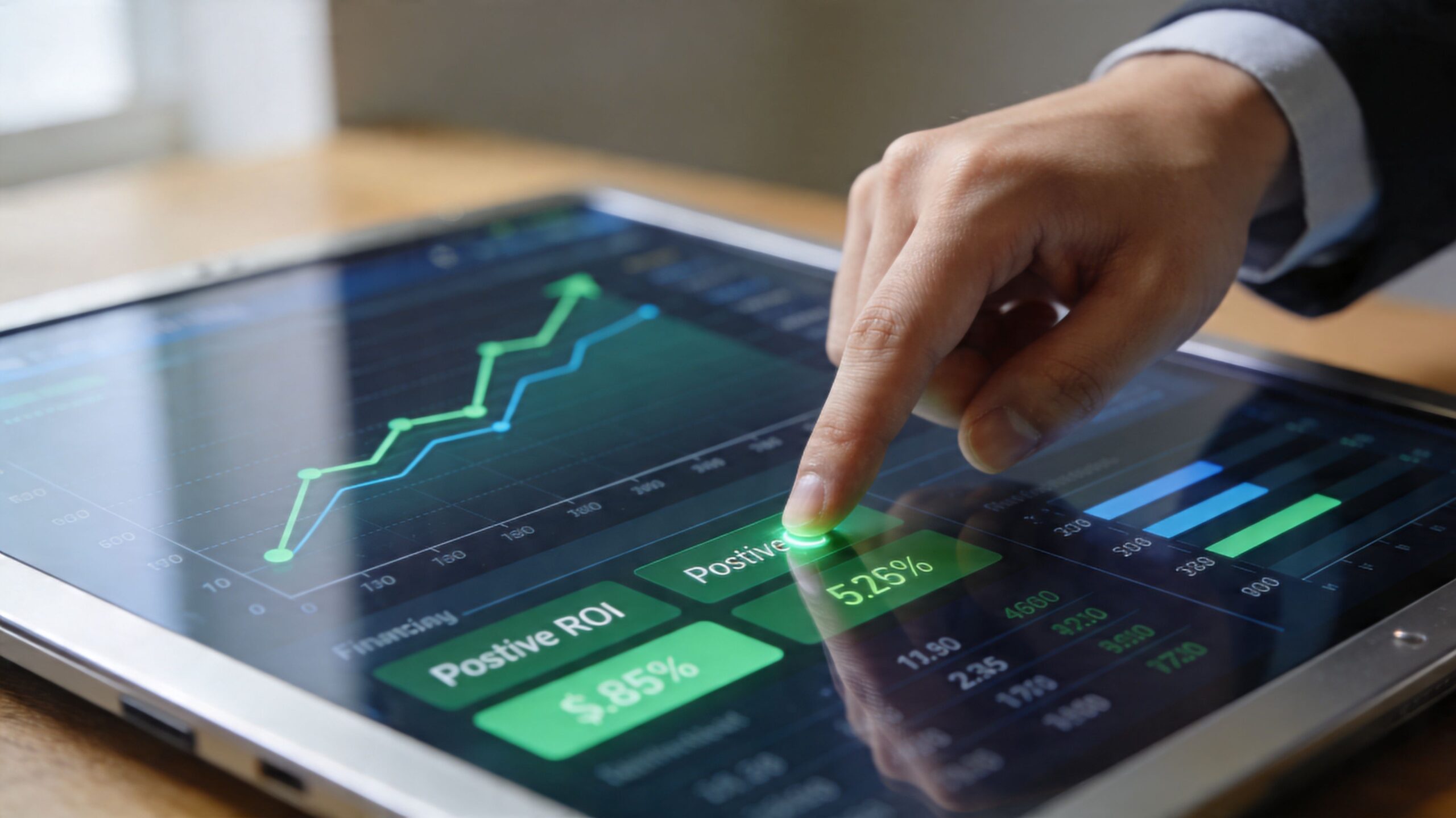 Persona de negocios interactuando con gráficos financieros positivos y métricas de retorno de inversión en tableta digital.