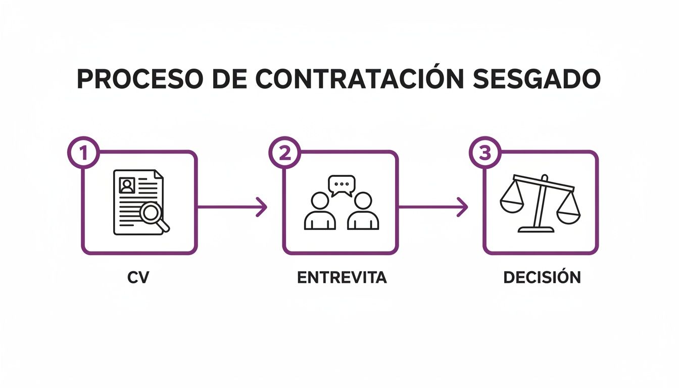 Diagrama de un proceso de contratación sesgado con etapas de CV, entrevista y decisión, ilustrando el camino.