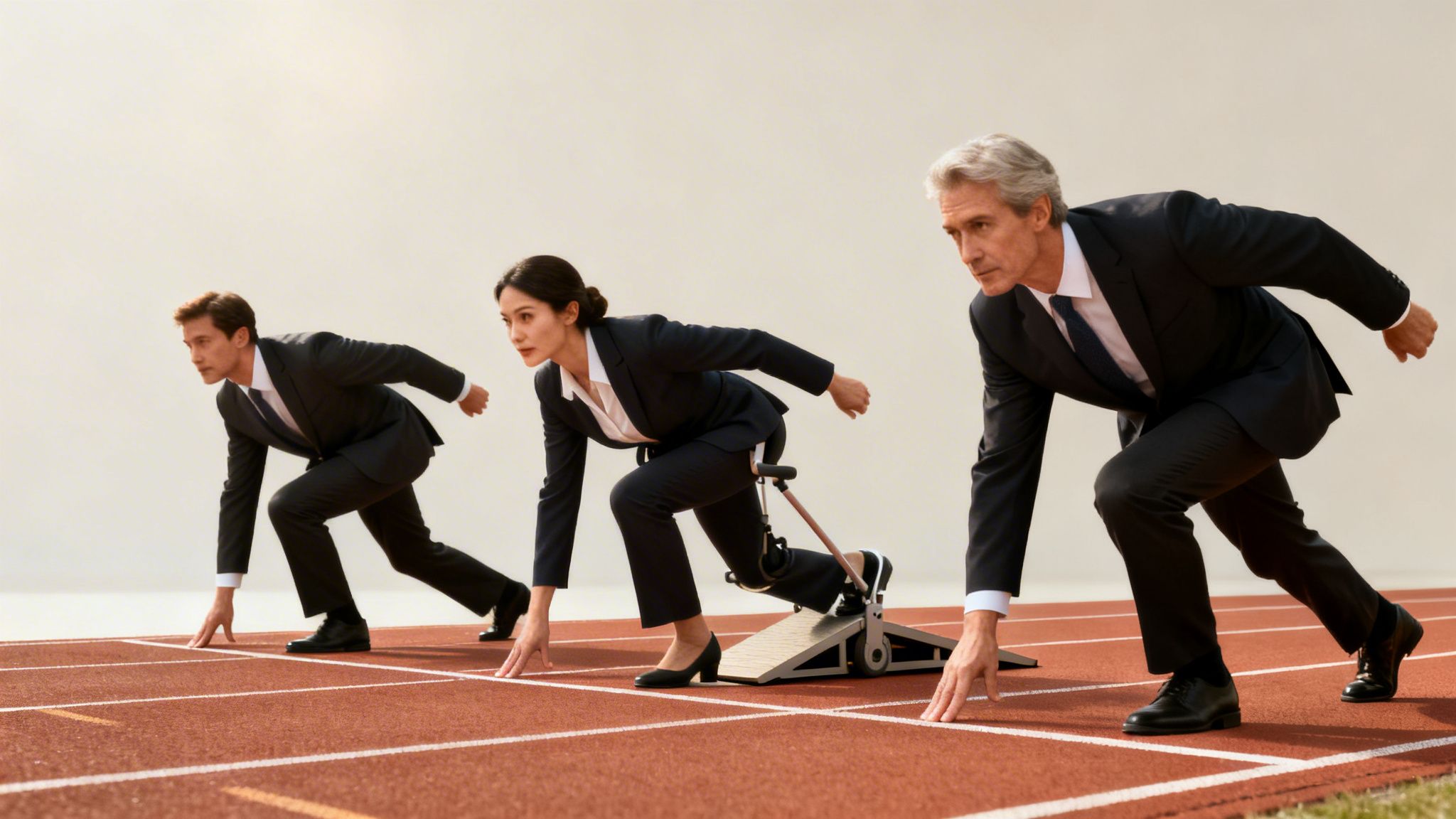 Tres profesionales de negocios, dos hombres y una mujer, listos para comenzar una carrera en una pista atlética, simbolizando competencia y equidad.