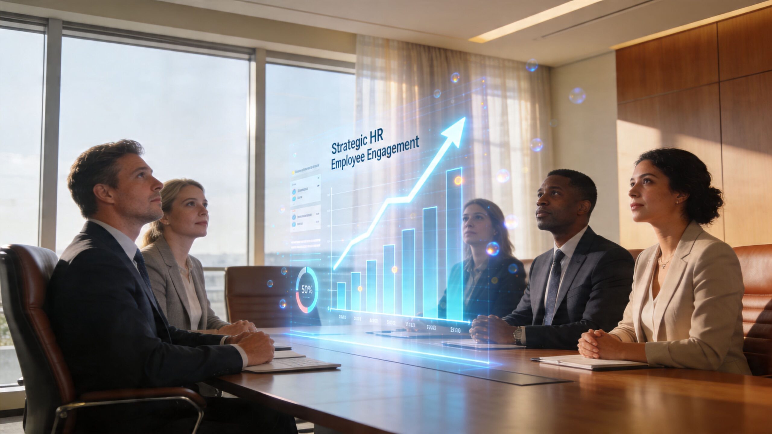 Un equipo diverso revisando datos holográficos de compromiso de los empleados en una sala de reuniones corporativa moderna.