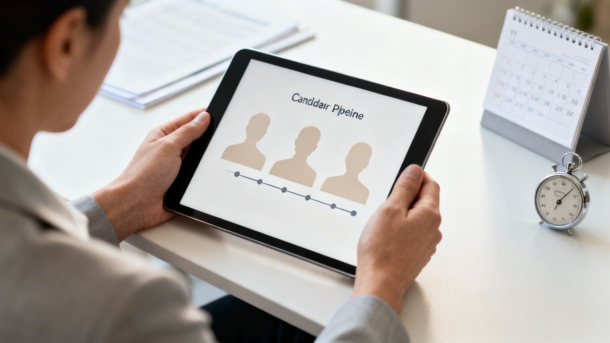 Persona viendo una tablet con una gráfica de pipeline de candidatos, un calendario y un reloj de mesa.