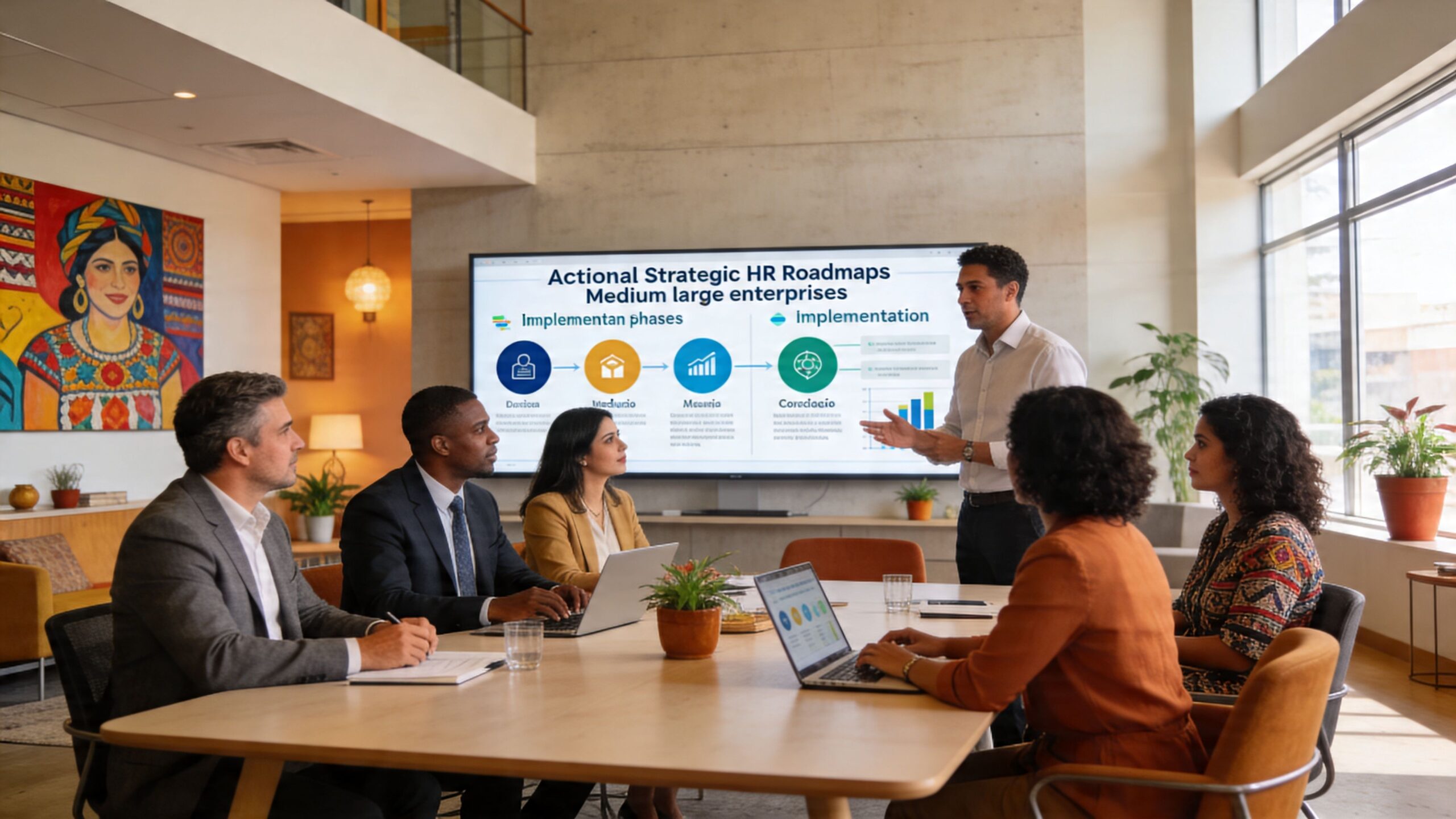 Un consultor de negocios lidera una reunión de estrategia sobre recursos humanos en una oficina moderna.