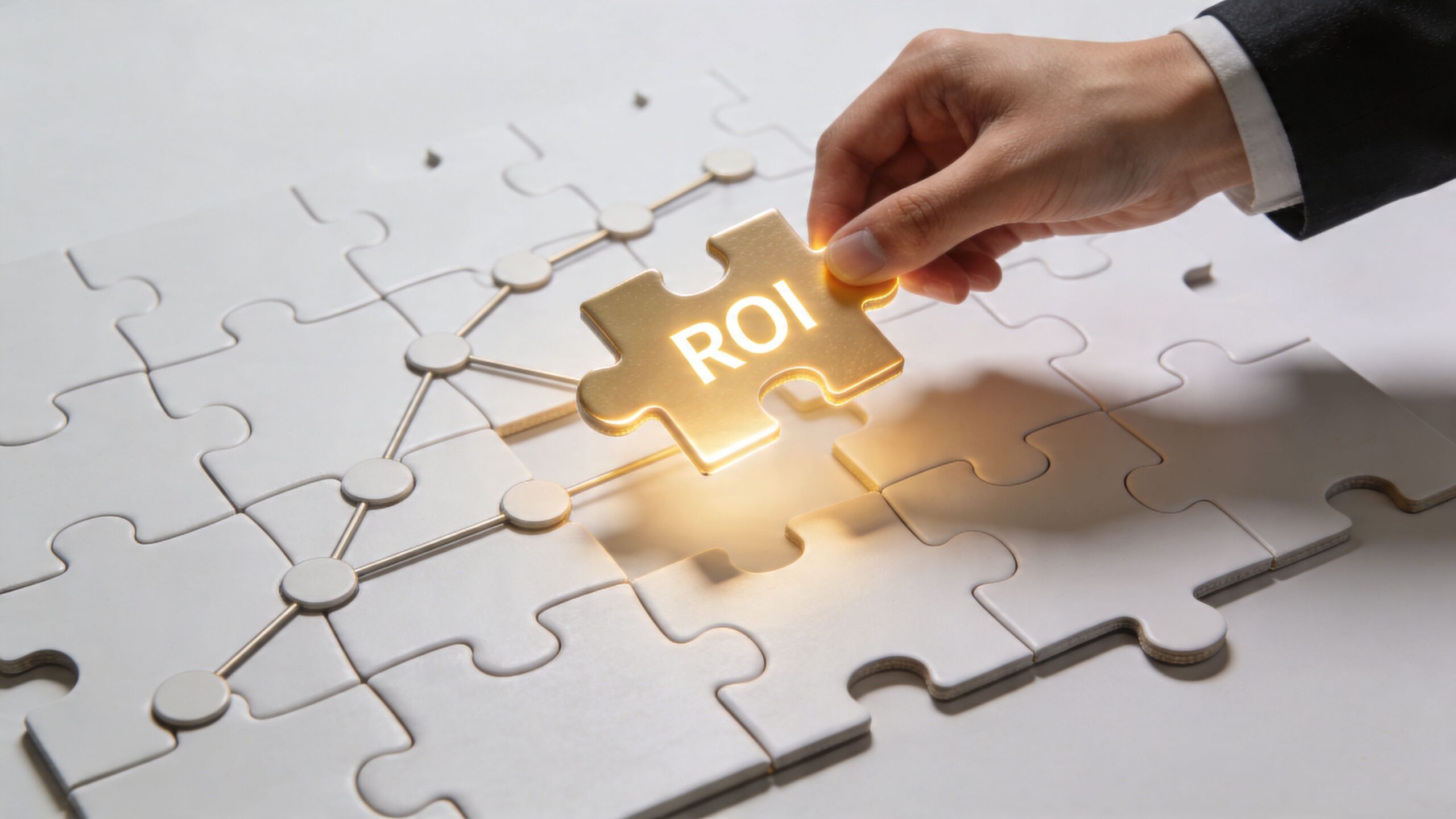 Una mano de negocios coloca una pieza de rompecabezas dorada con la etiqueta ROI en un tablero.