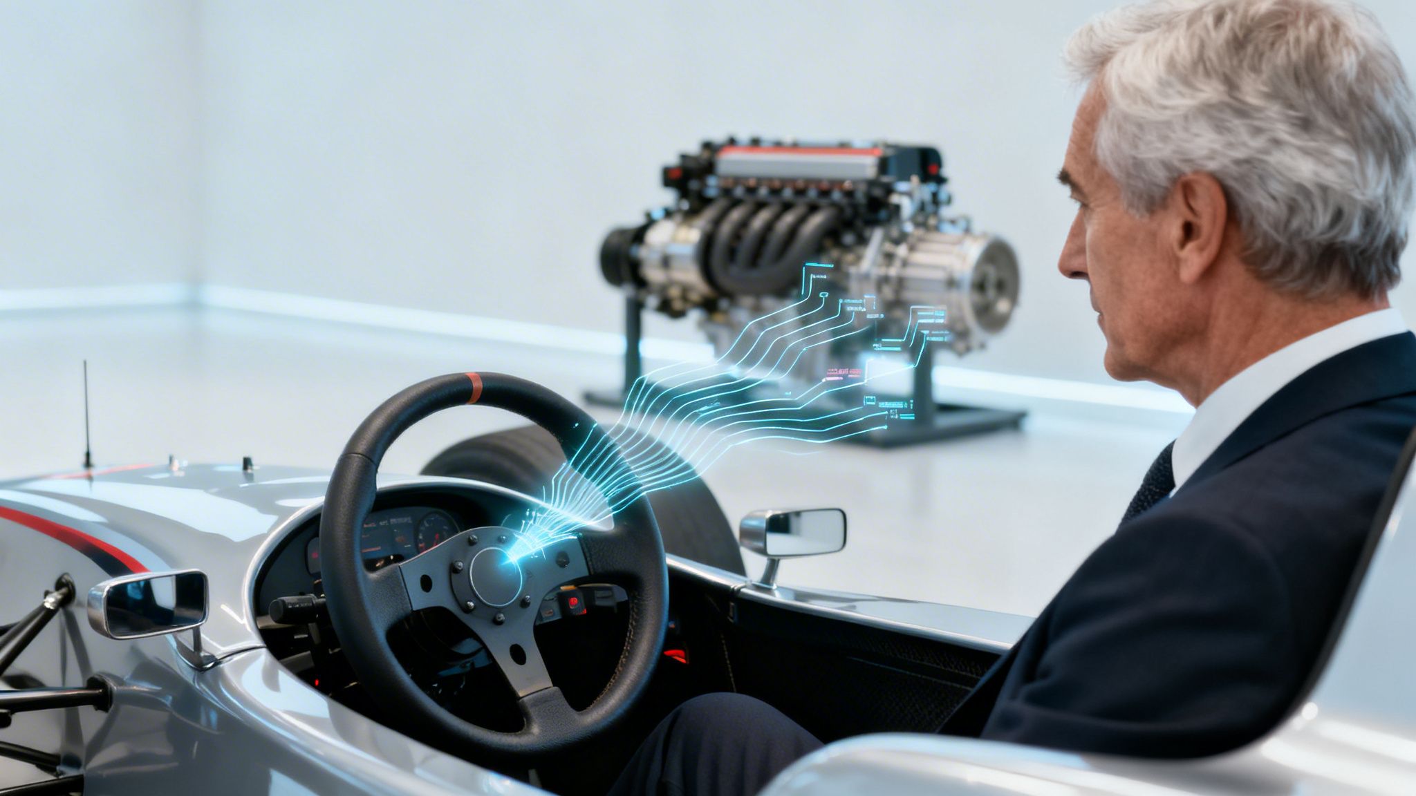 Hombre en un coche de carreras con una interfaz digital azul que muestra datos y circuitos, un motor en el fondo.