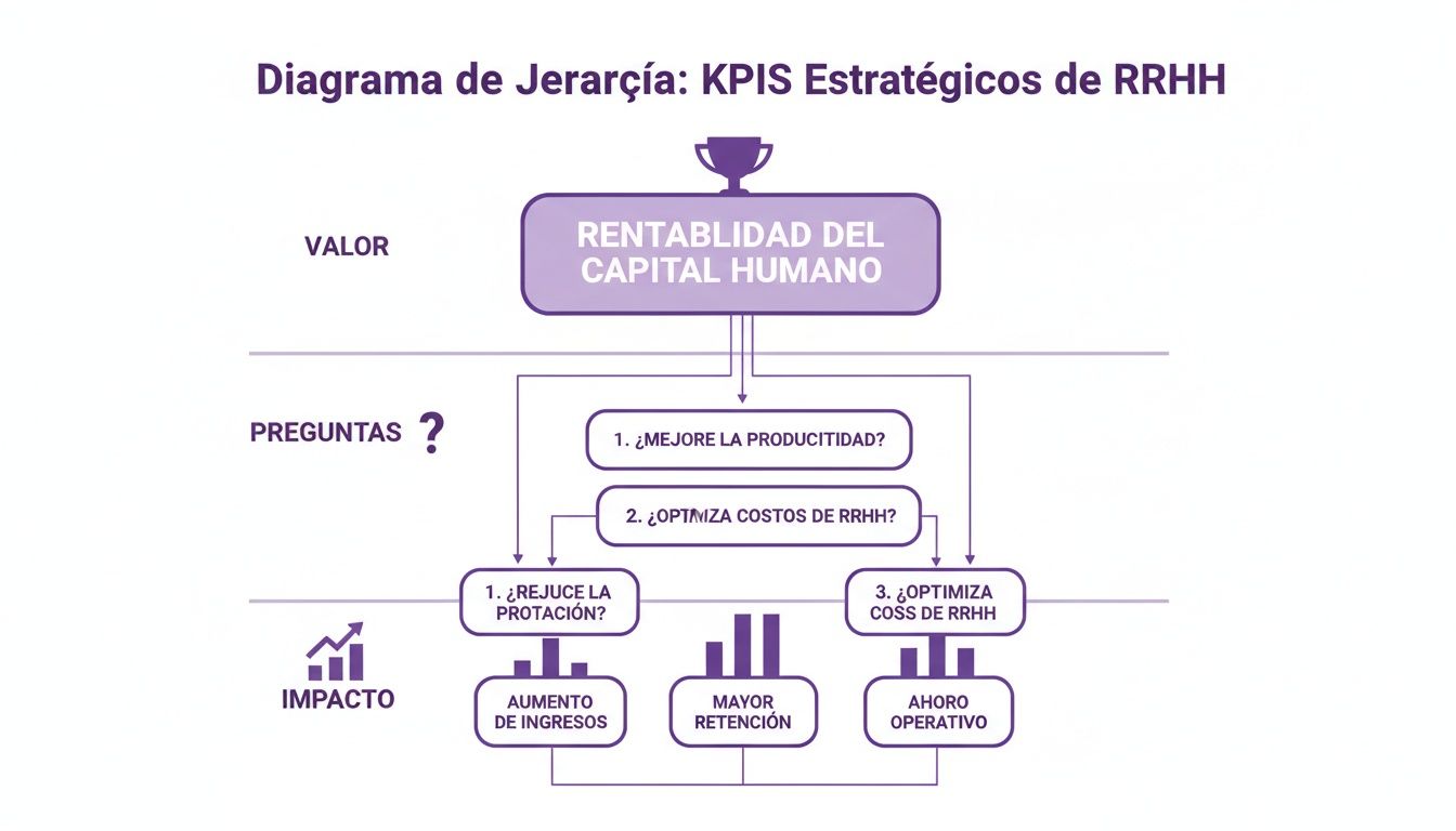 Diagrama de jerarquía de KPIs estratégicos de RRHH mostrando rentabilidad, preguntas y su impacto operativo.