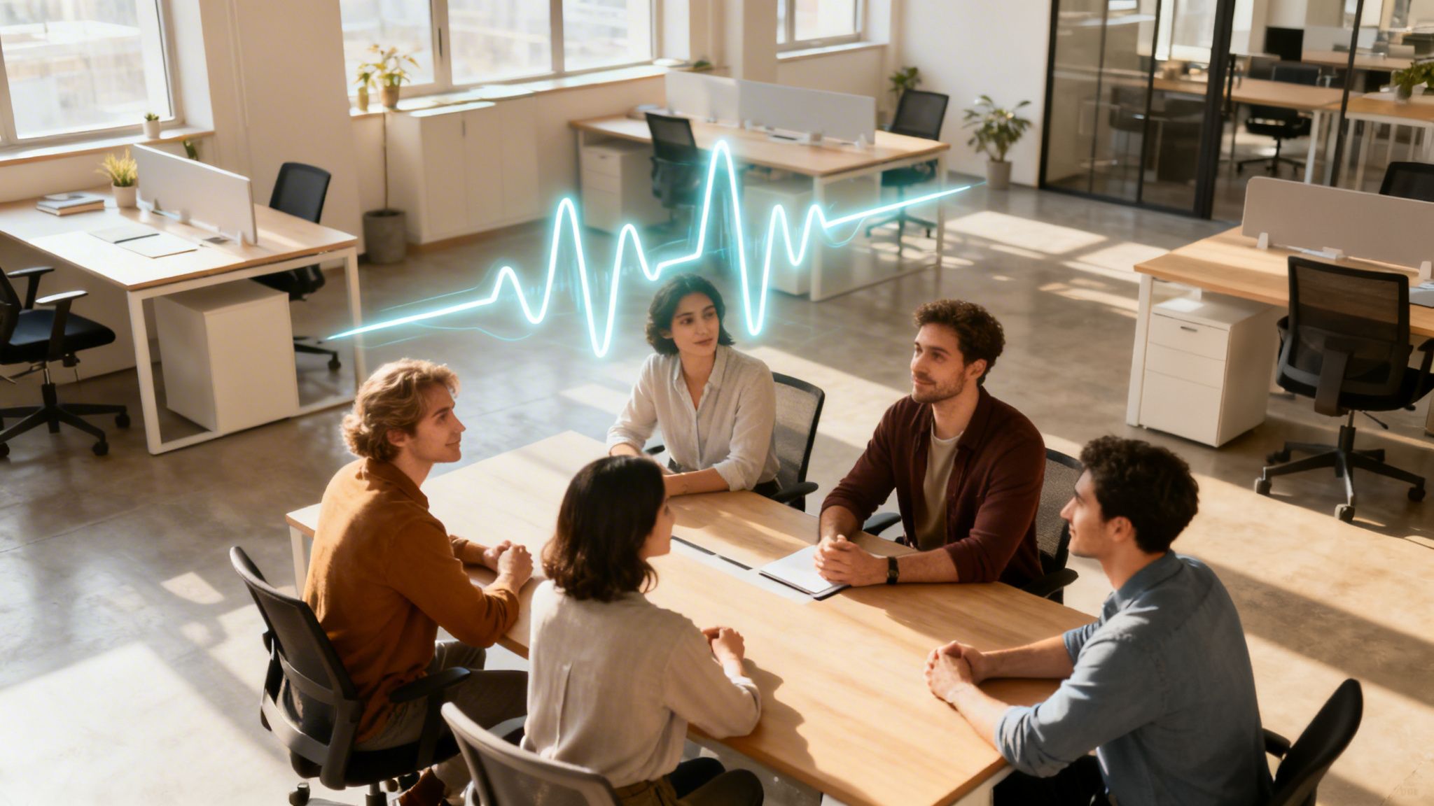 Cinco personas en una oficina moderna, sentadas alrededor de una mesa, con una onda de luz azul superpuesta que simboliza comunicación o datos.