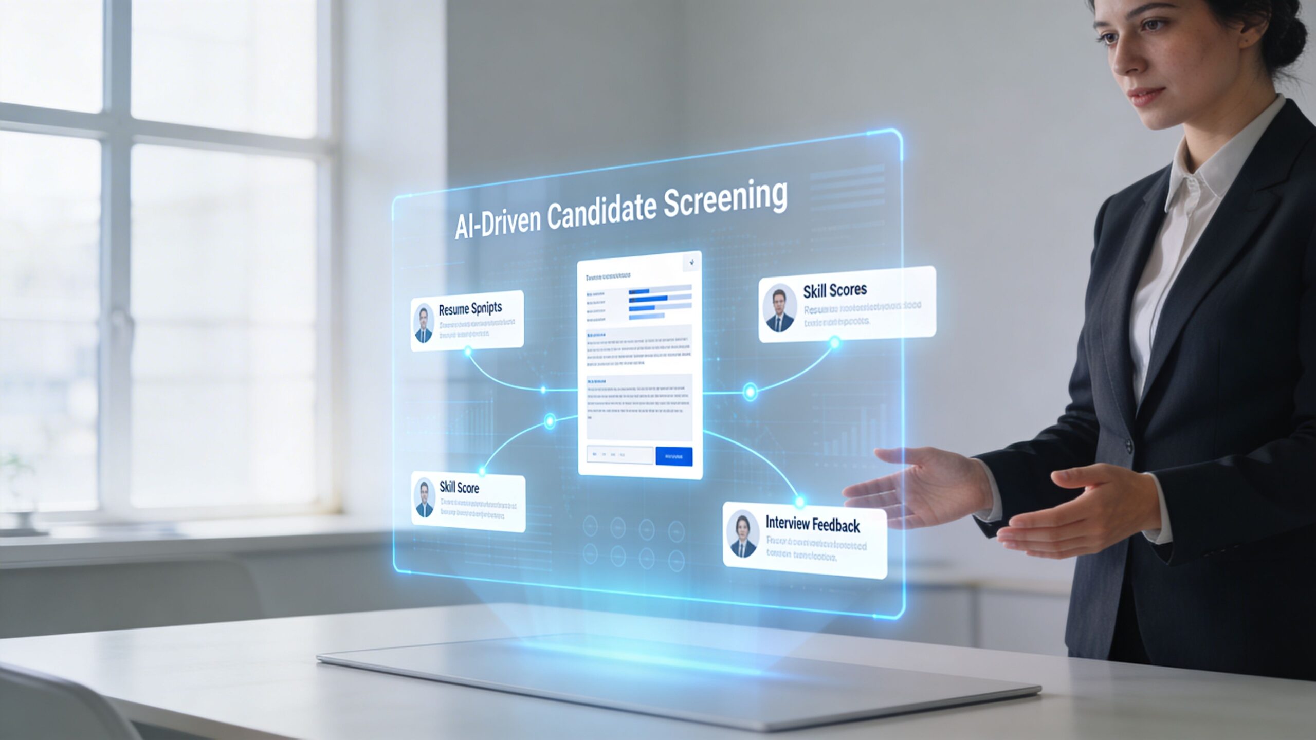 Una mujer de negocios analiza datos de selección de personal a través de una pantalla holográfica digital.