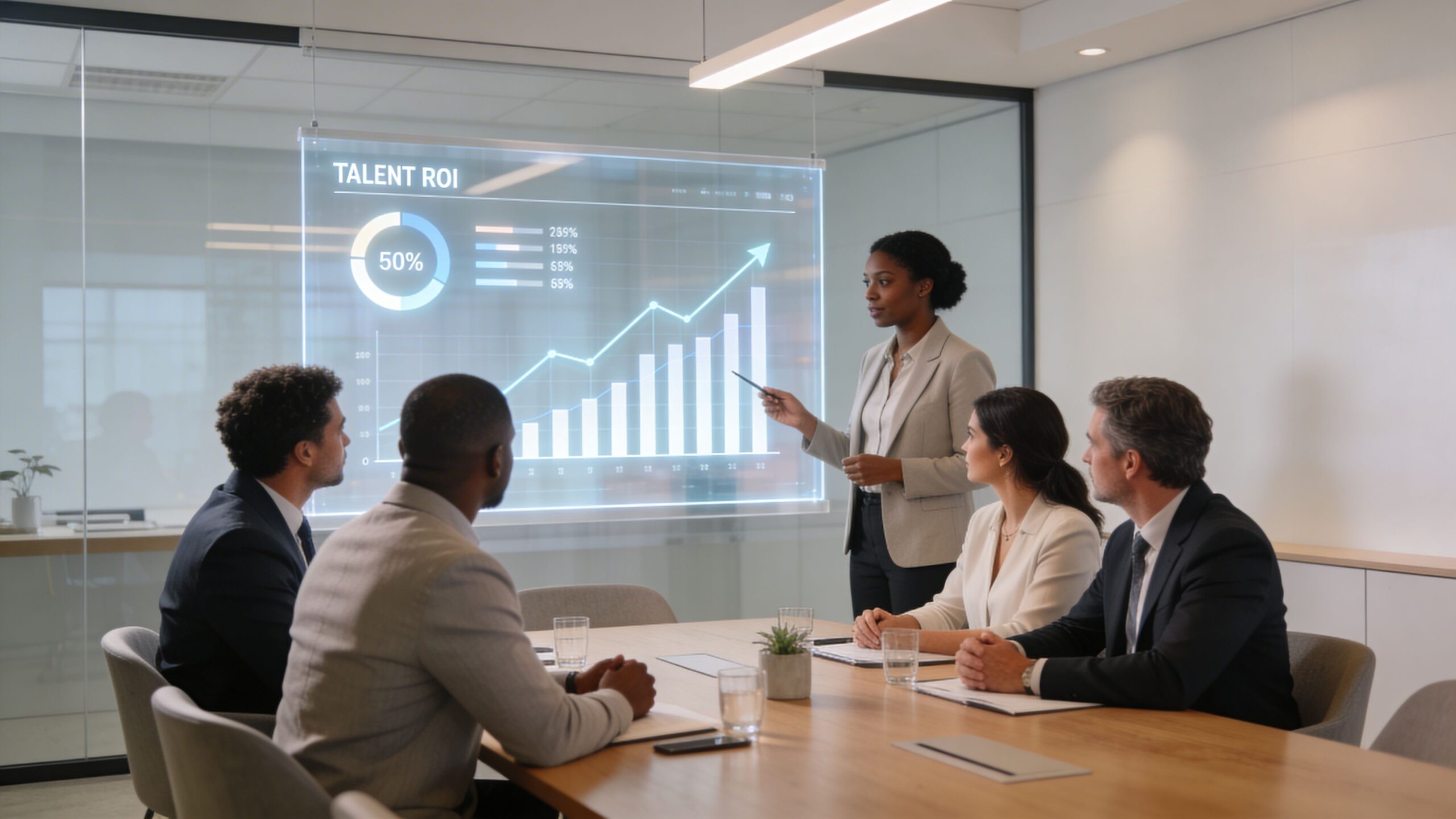 Una mujer profesional realiza una presentación sobre ROI de talento humano a su equipo en una oficina moderna.