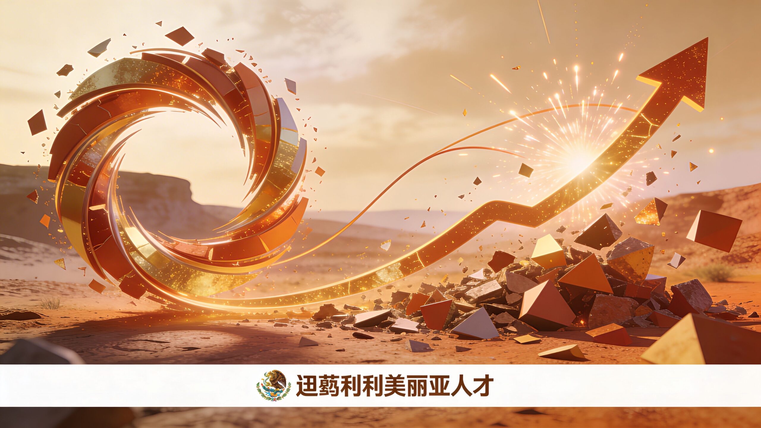 Una flecha ascendente dorada que emerge de escombros en un paisaje desértico con un diseño espiral elegante.