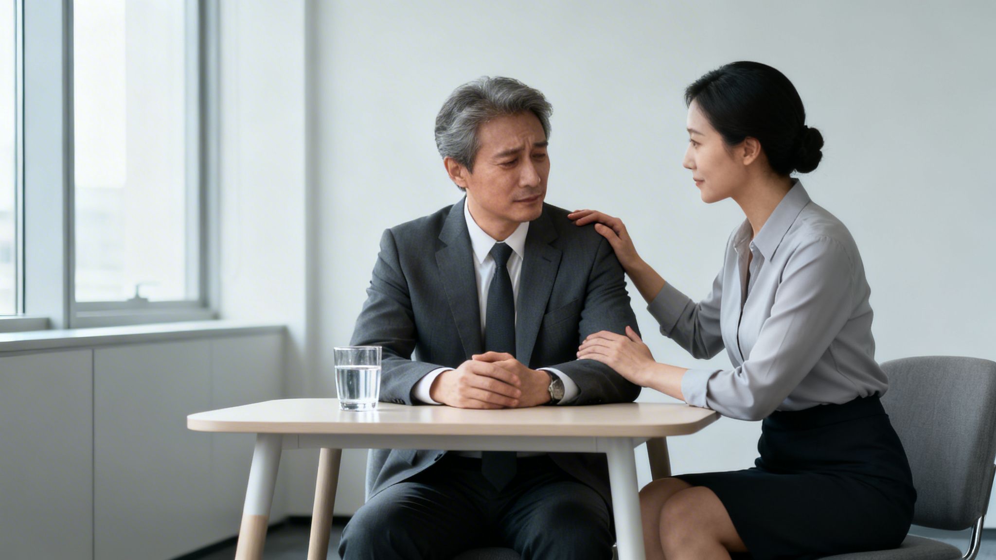 Una mujer consuela a un hombre de negocios mayor visiblemente angustiado, mostrando apoyo y empatía en una oficina.