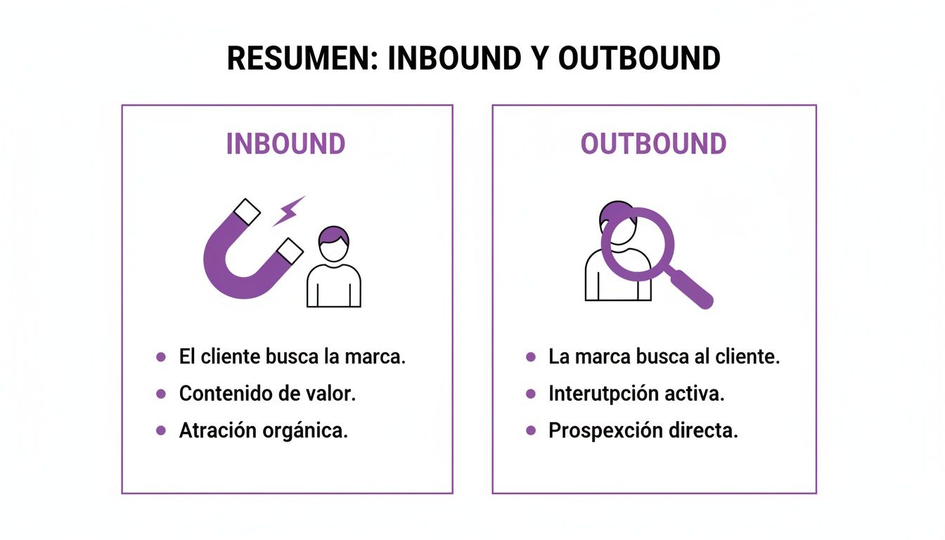 Resumen de estrategias de marketing Inbound y Outbound, mostrando las diferencias clave y características de cada enfoque.