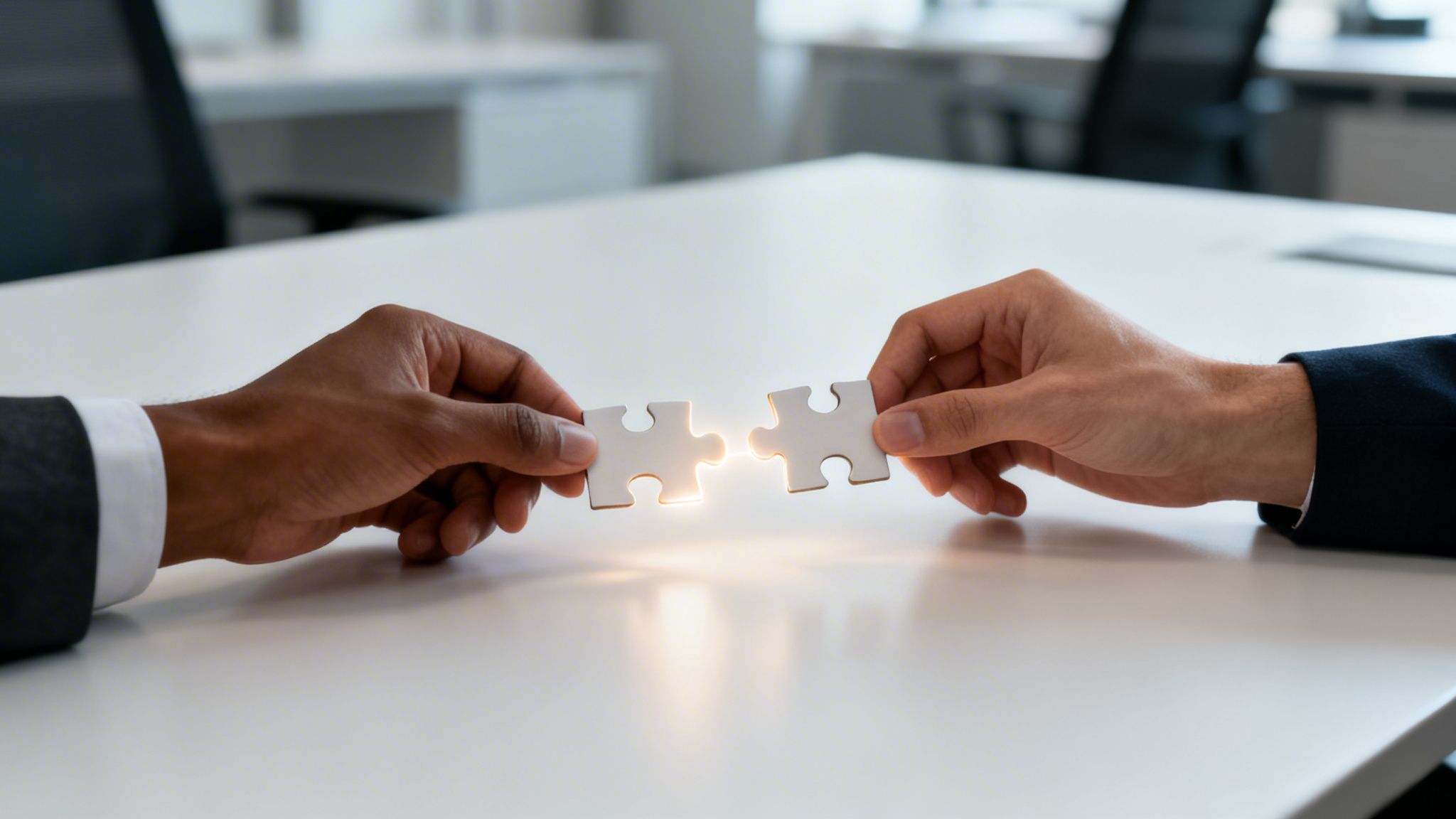 Dos manos, una de piel oscura y otra clara, uniendo piezas de rompecabezas con un brillo.