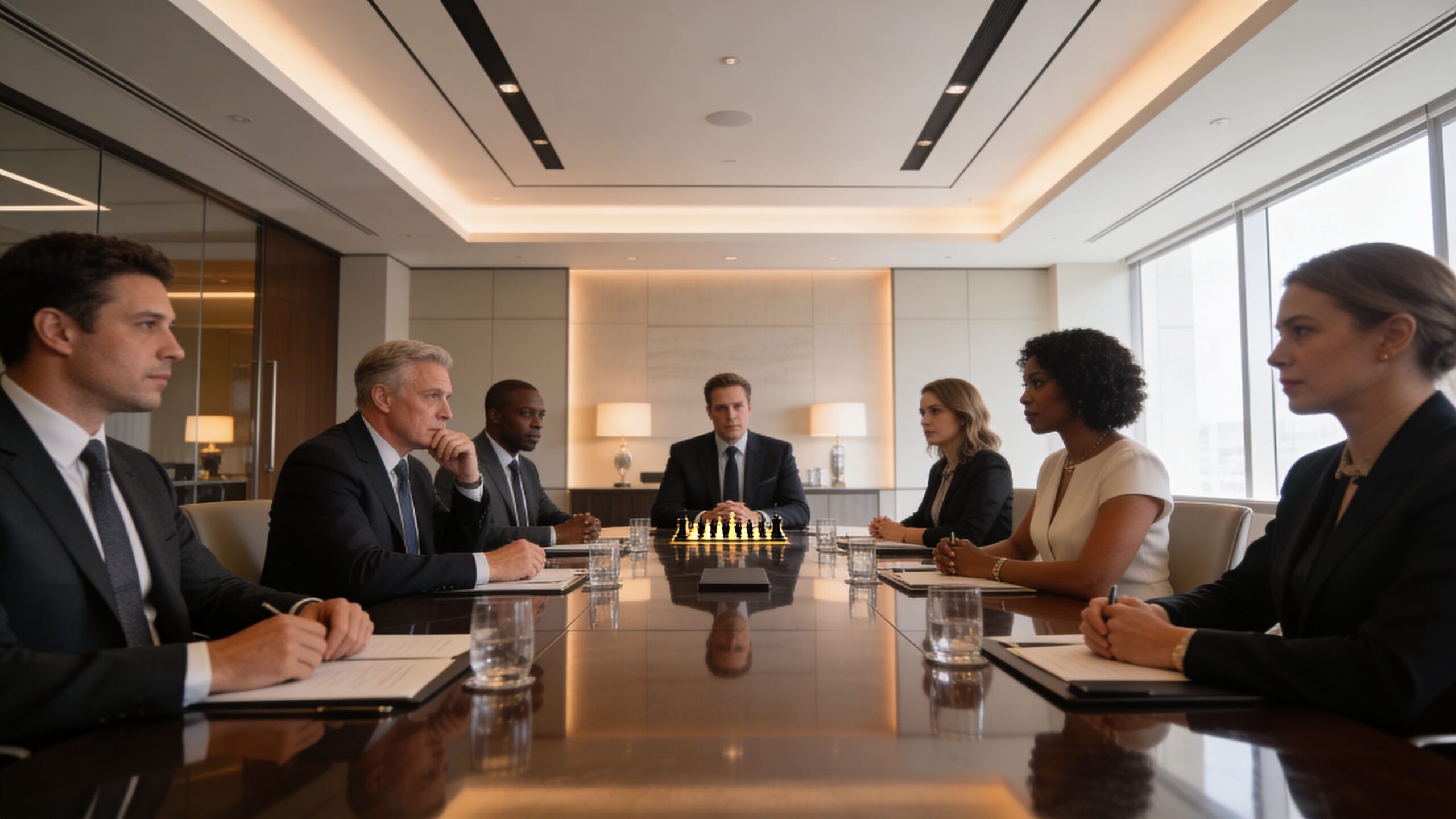 Un grupo de profesionales de negocios reunidos alrededor de una mesa de conferencias con un juego de ajedrez.
