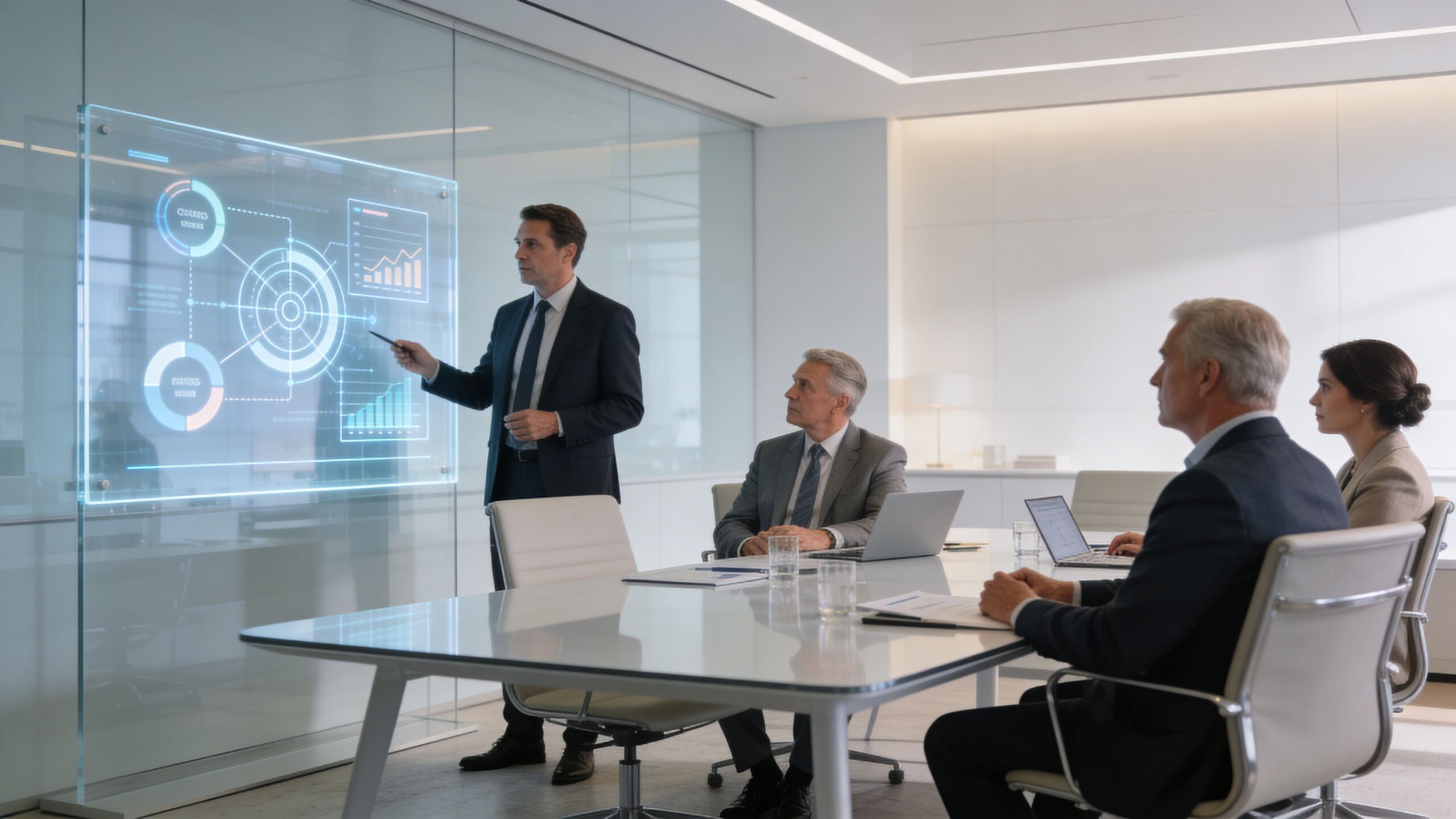 Profesional de negocios presentando datos en una pantalla digital interactiva ante un equipo en una sala moderna