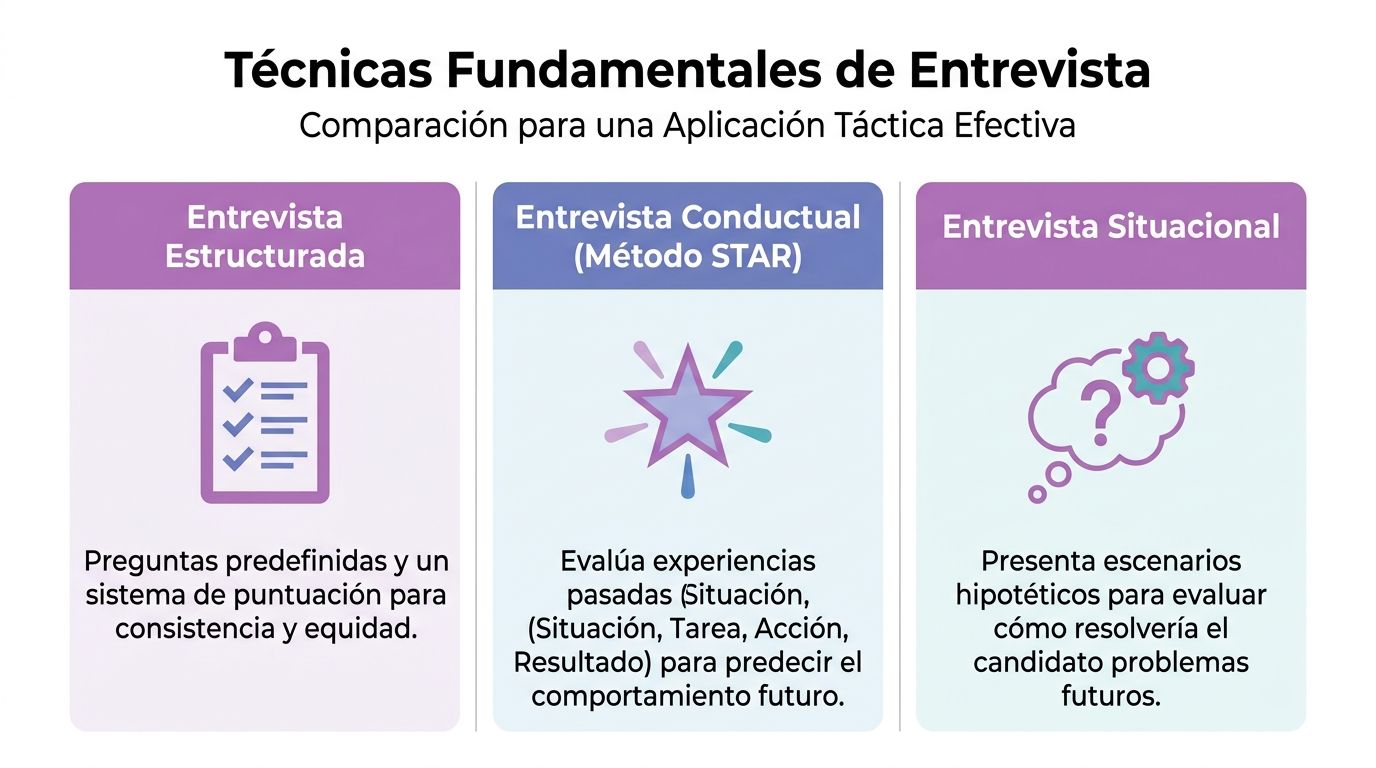 Infografía sobre técnicas fundamentales de entrevista, comparando la entrevista estructurada, conductual (método STAR) y situacional.
