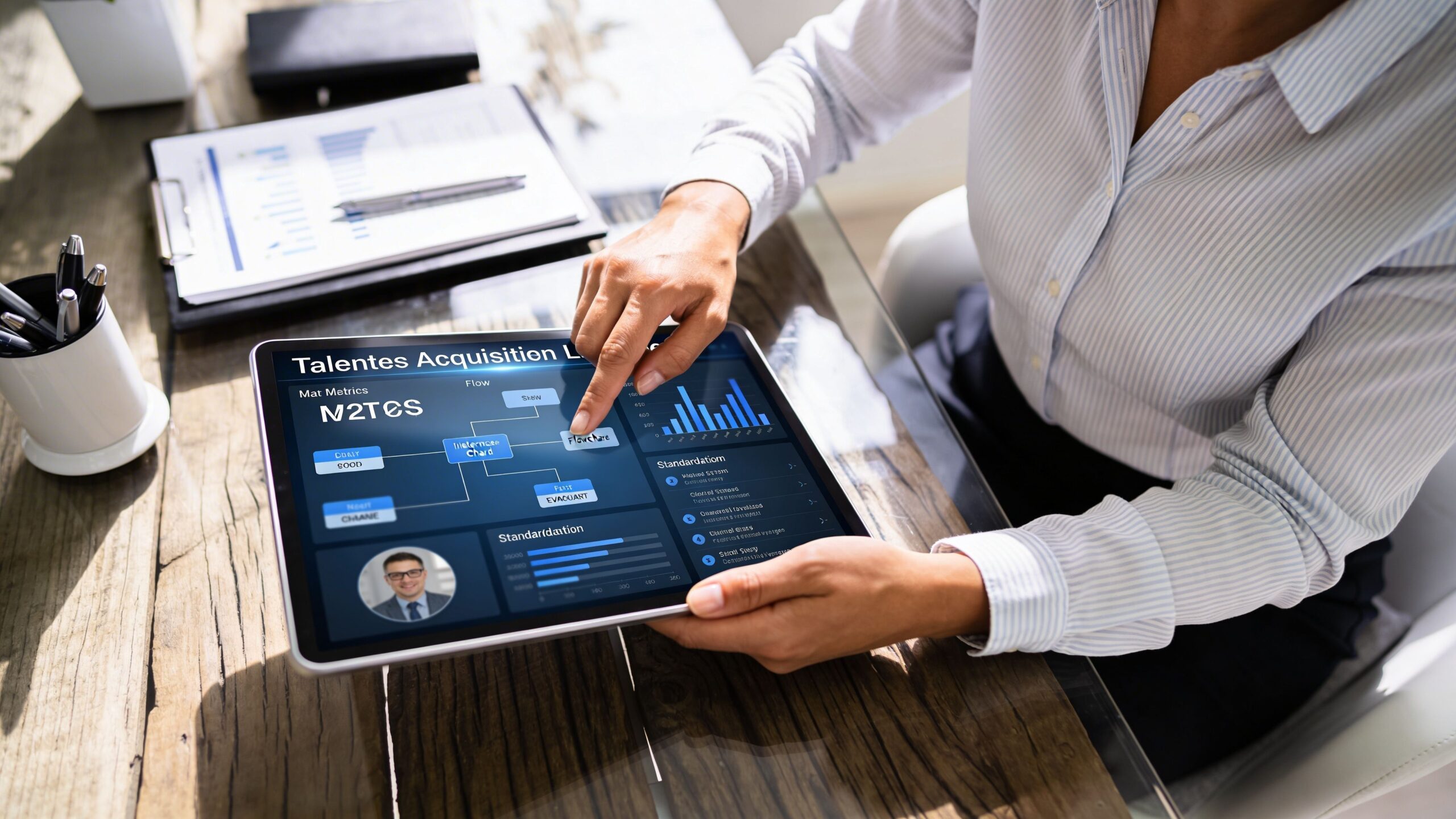 Una profesional analiza datos de adquisición de talento en una tablet digital sobre un escritorio de madera.