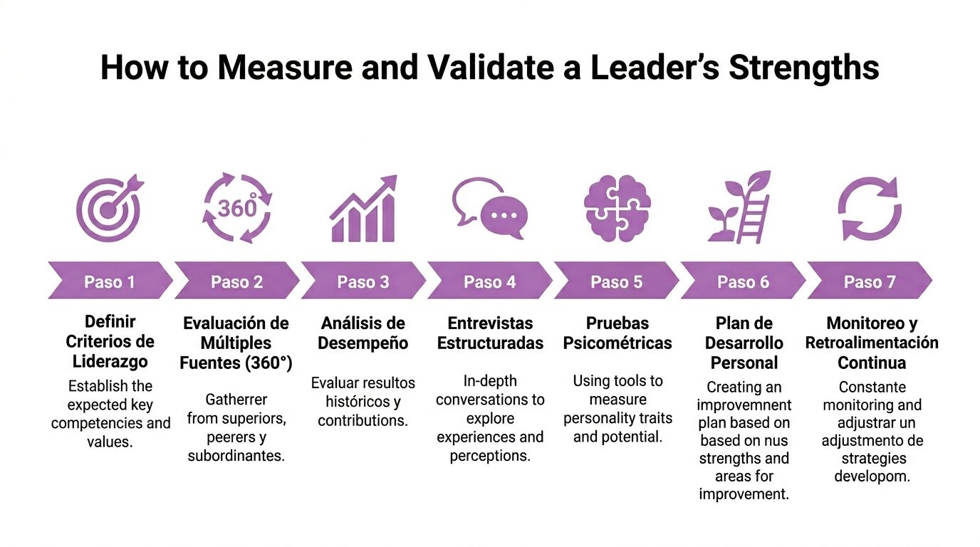 Infografía de siete pasos sobre cómo medir y validar las fortalezas de un líder empresarial efectivamente.