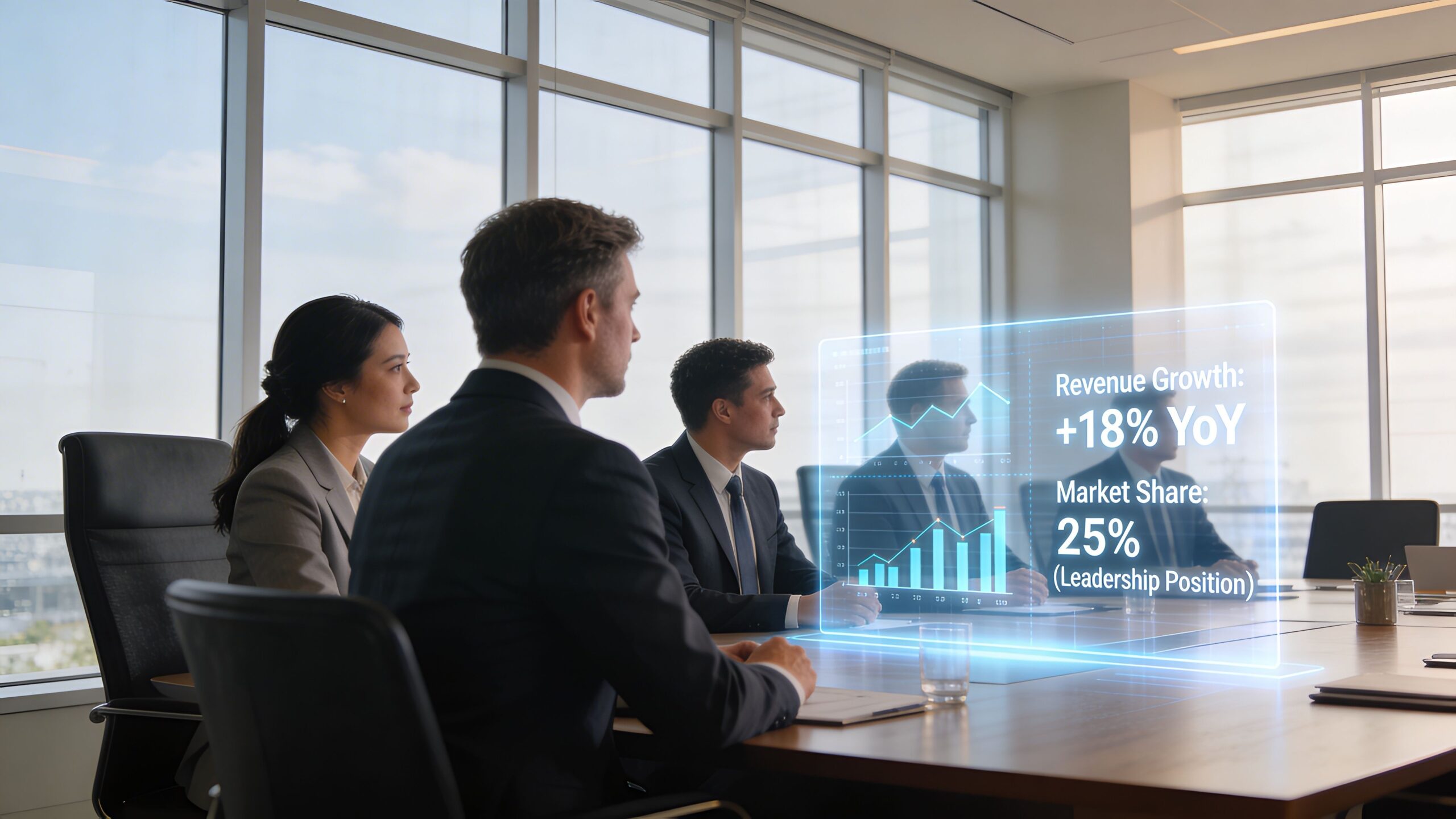 Un equipo de ejecutivos en una sala de juntas analizando proyecciones de crecimiento empresarial mediante tecnología holográfica avanzada.