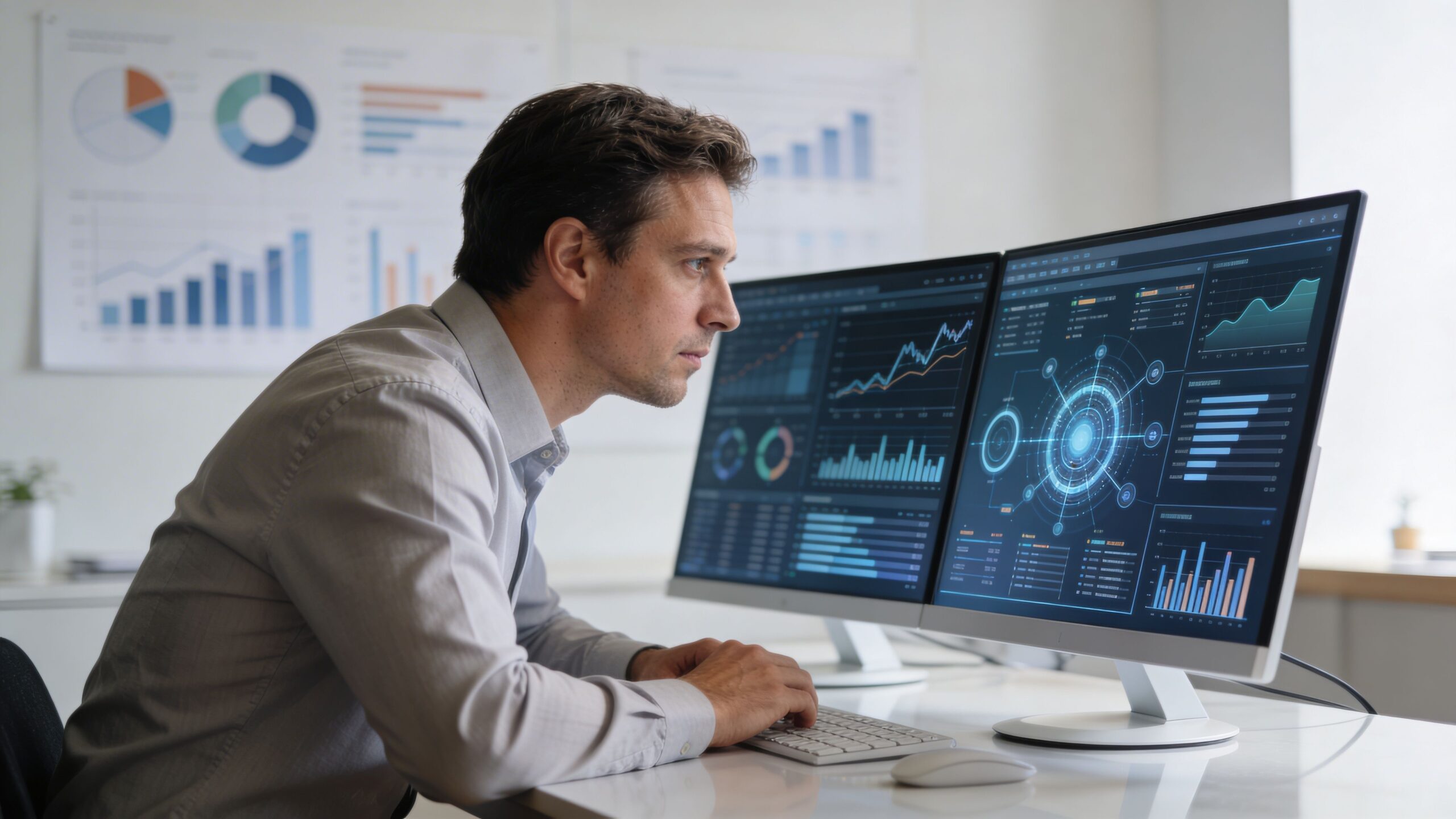 Un hombre profesional concentrado analizando datos complejos y gráficos en dos monitores de su oficina moderna.