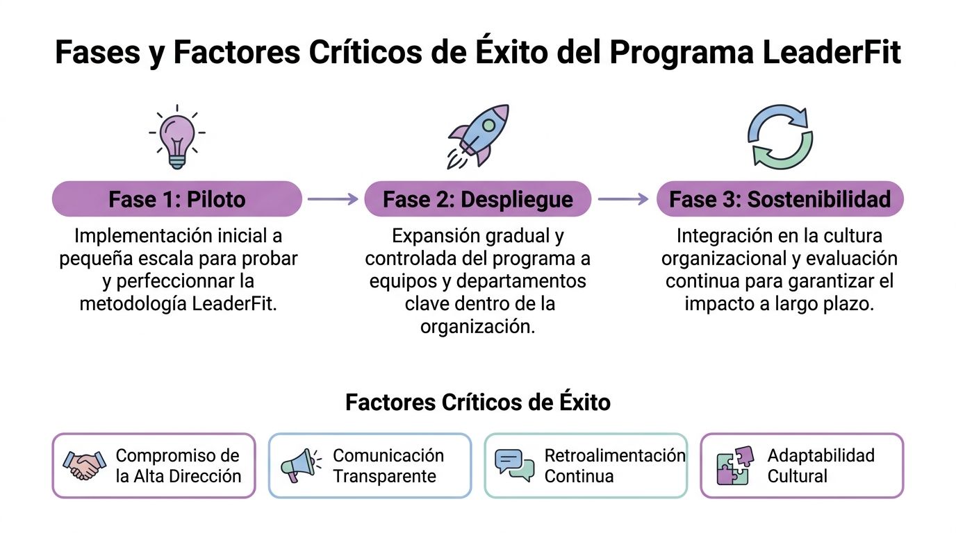 Diagrama de fases y factores críticos de éxito para implementar el programa de liderazgo empresarial LeaderFit en organizaciones.