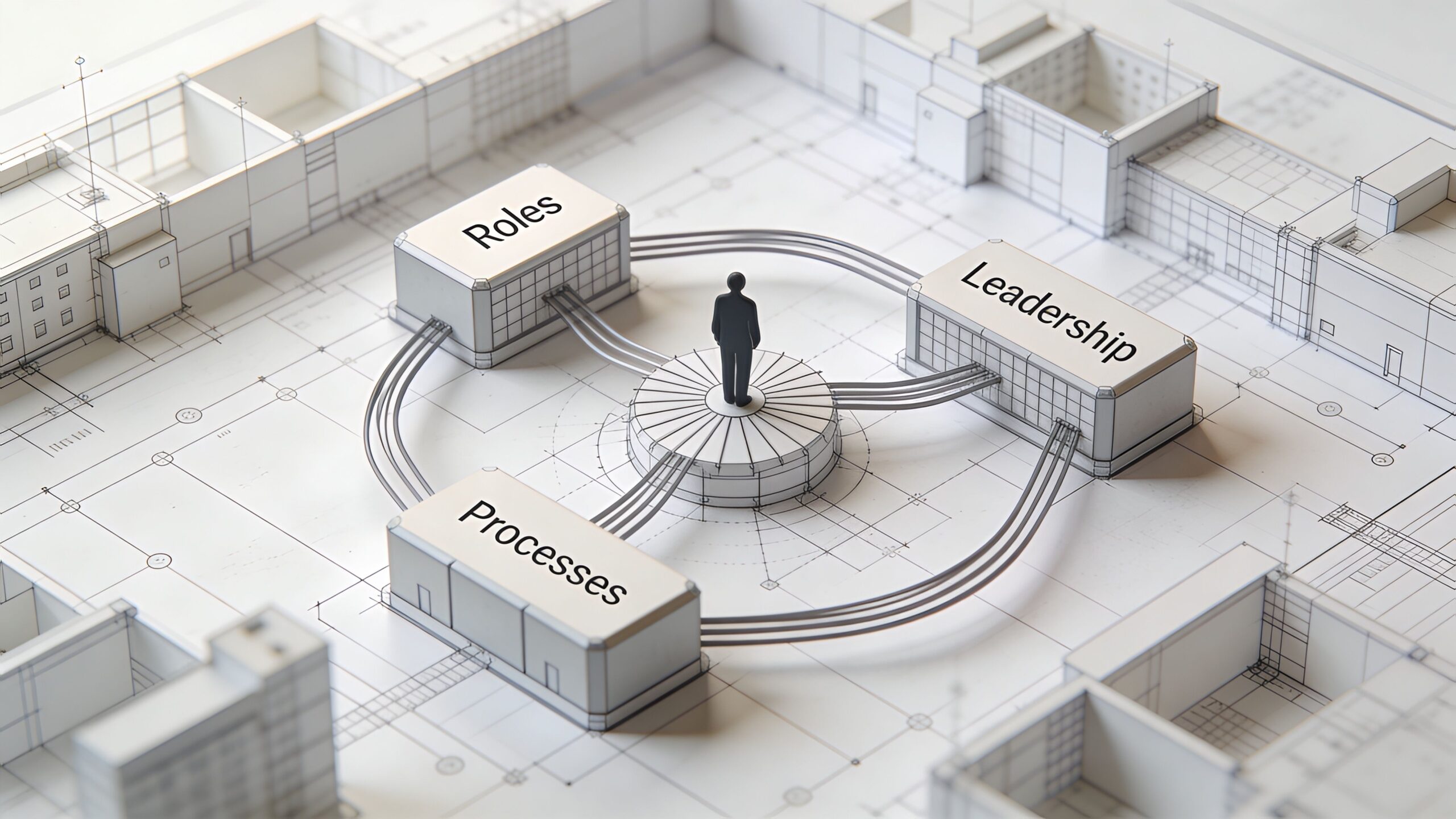 Representación conceptual de diseño organizacional mostrando roles, procesos y liderazgo conectados sobre un plano arquitectónico.