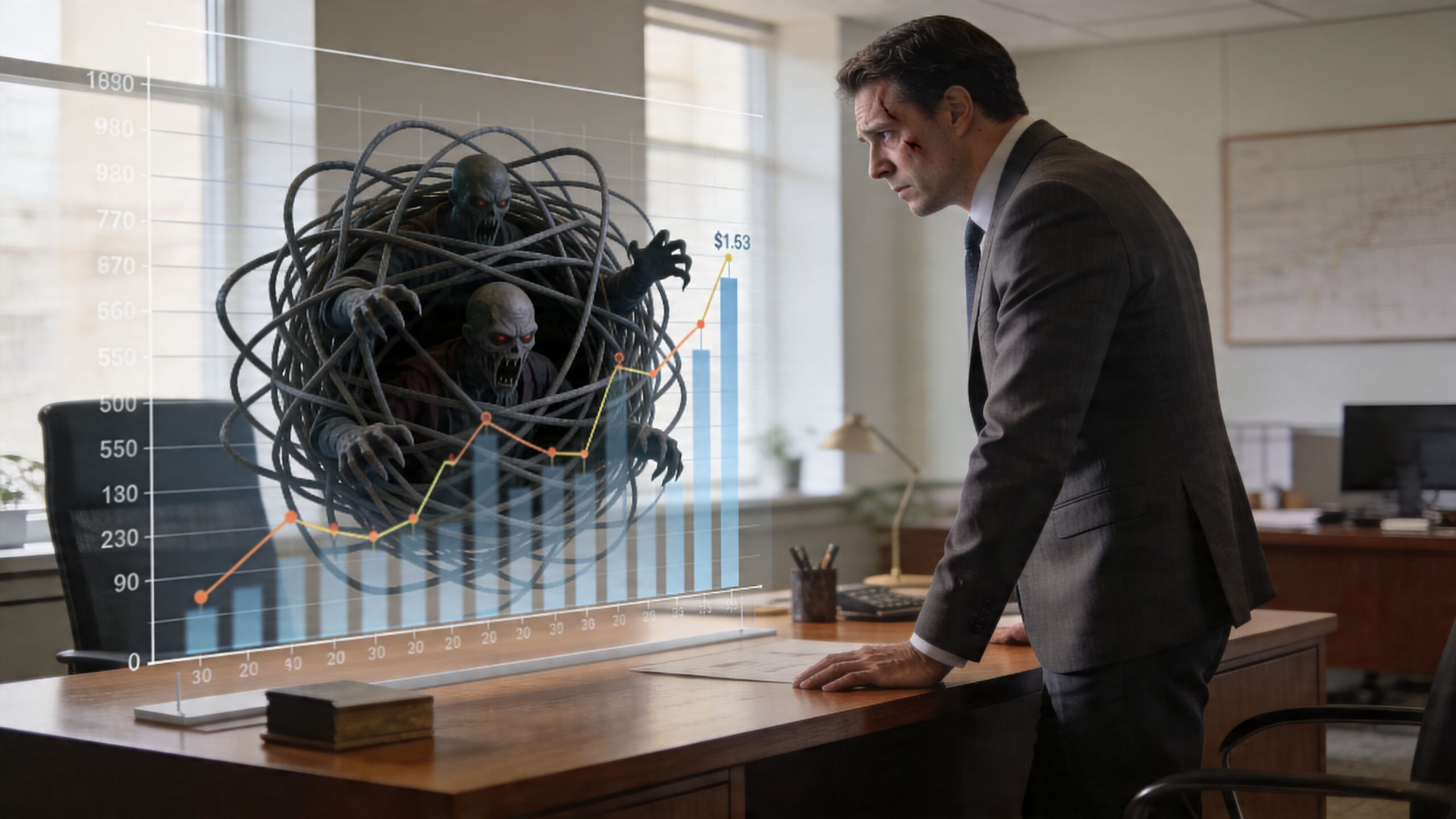 Empresario preocupado observa un gráfico holográfico con monstruos entrelazados que representan riesgos financieros en la oficina.