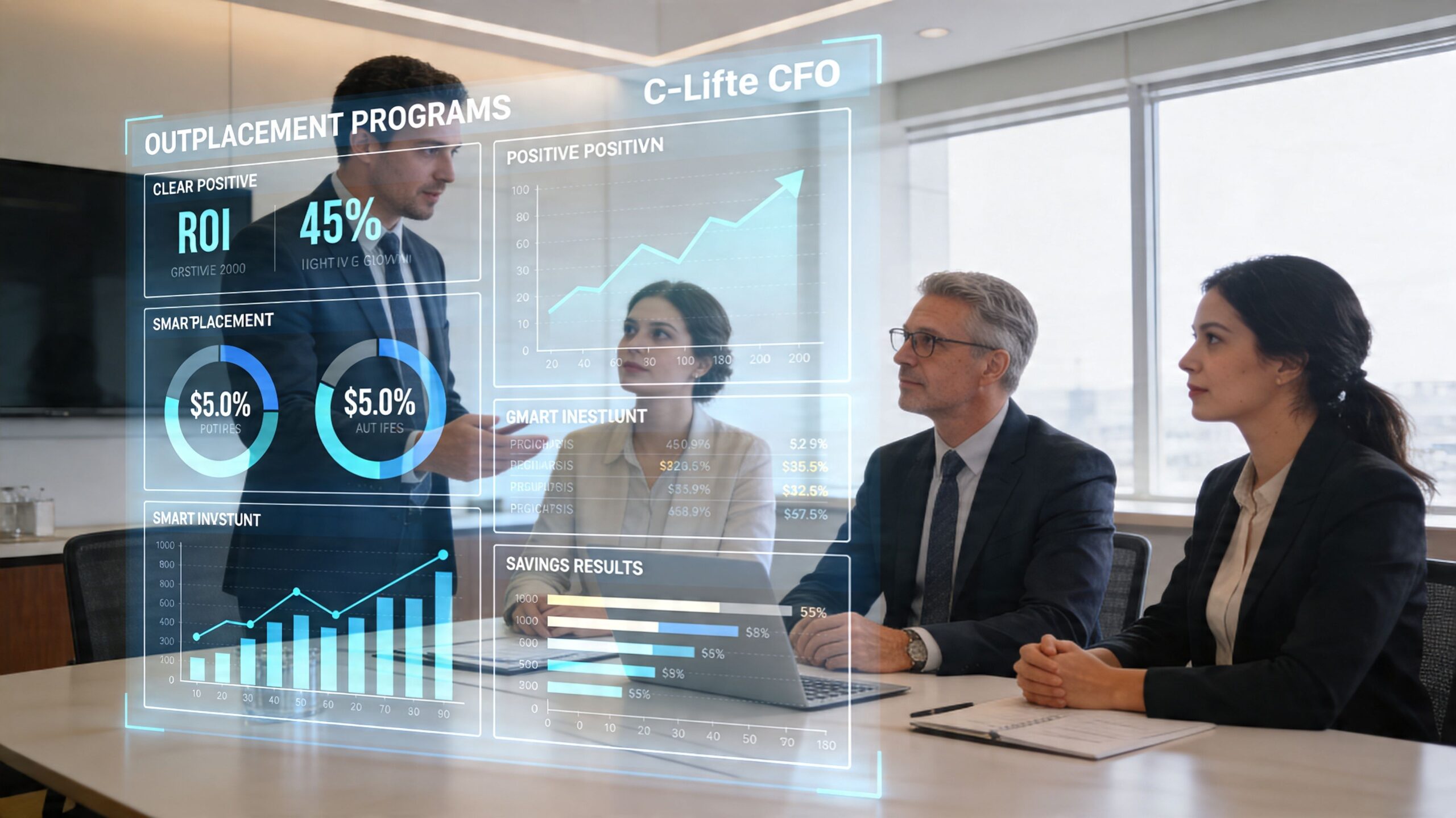 Un ejecutivo presenta datos financieros y proyecciones de outplacement en una pantalla holográfica ante su equipo de trabajo.