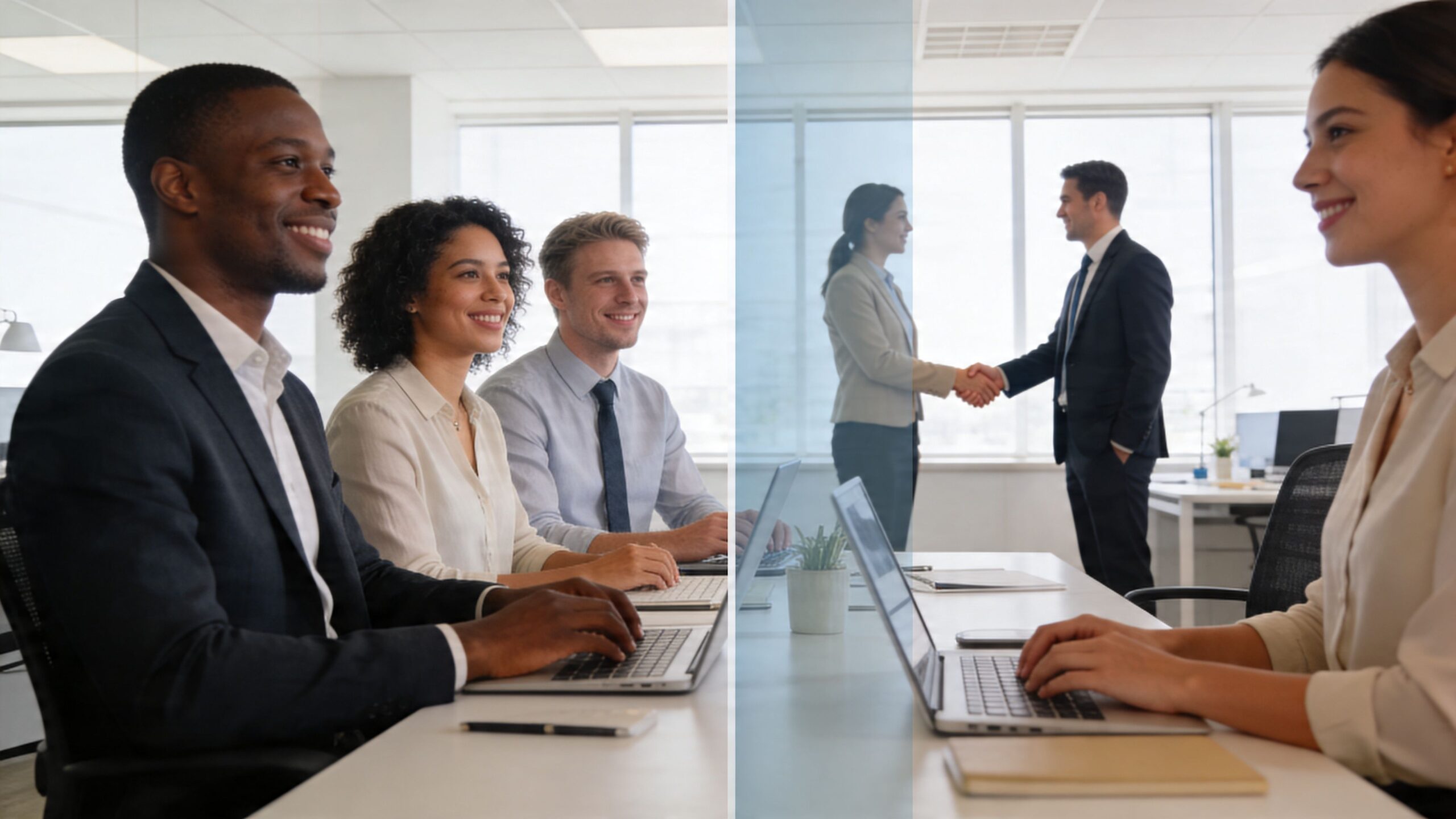 Un equipo diverso trabajando en una oficina moderna mientras colegas se dan la mano al fondo.