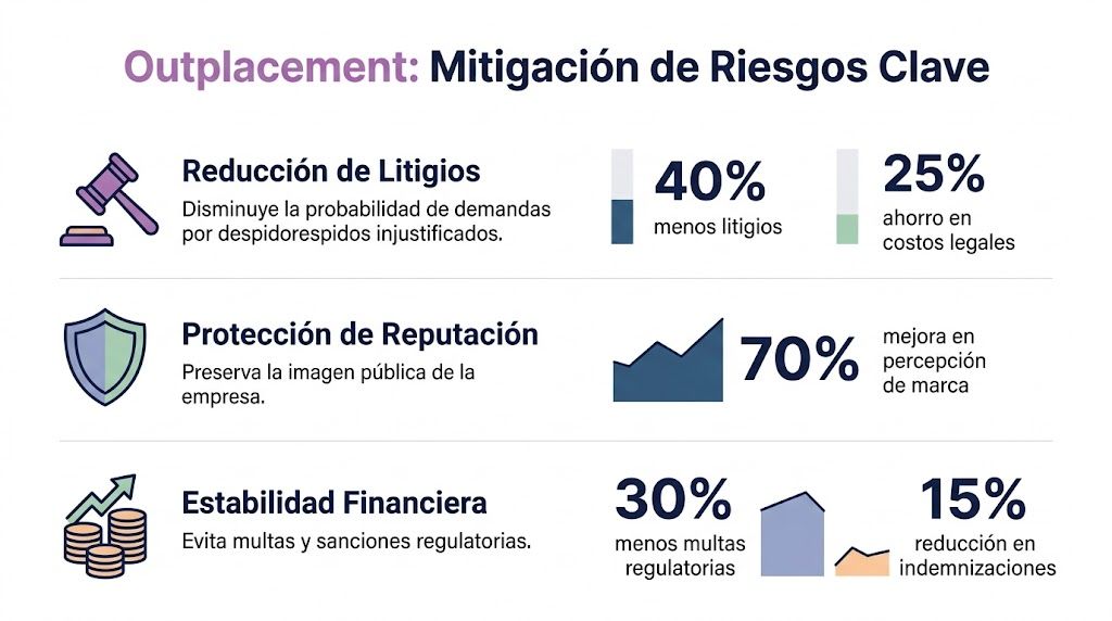 Infografía sobre los beneficios clave del outplacement para la mitigación de riesgos empresariales y reputacionales.