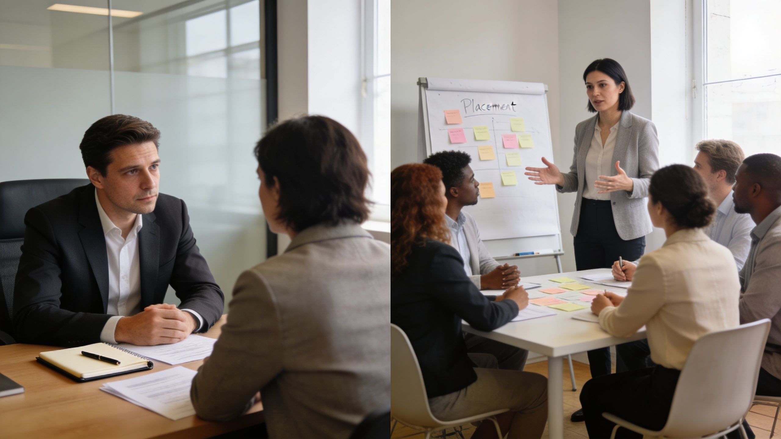 Un grupo de profesionales en una reunión de negocios colaborativa discutiendo estrategias y planes de carrera.
