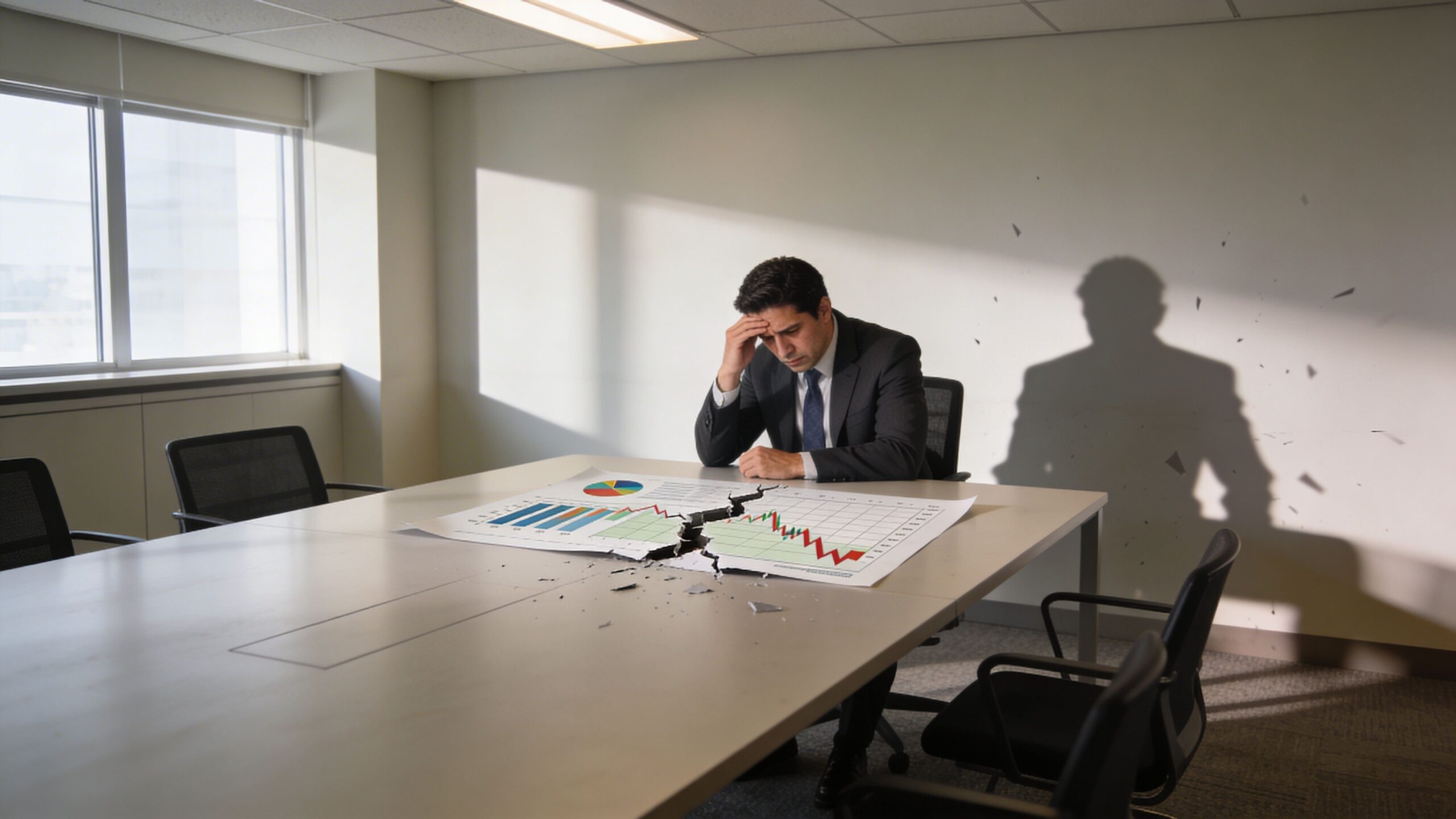 Empresario estresado sentado en una mesa de oficina con un gráfico financiero roto por el medio.