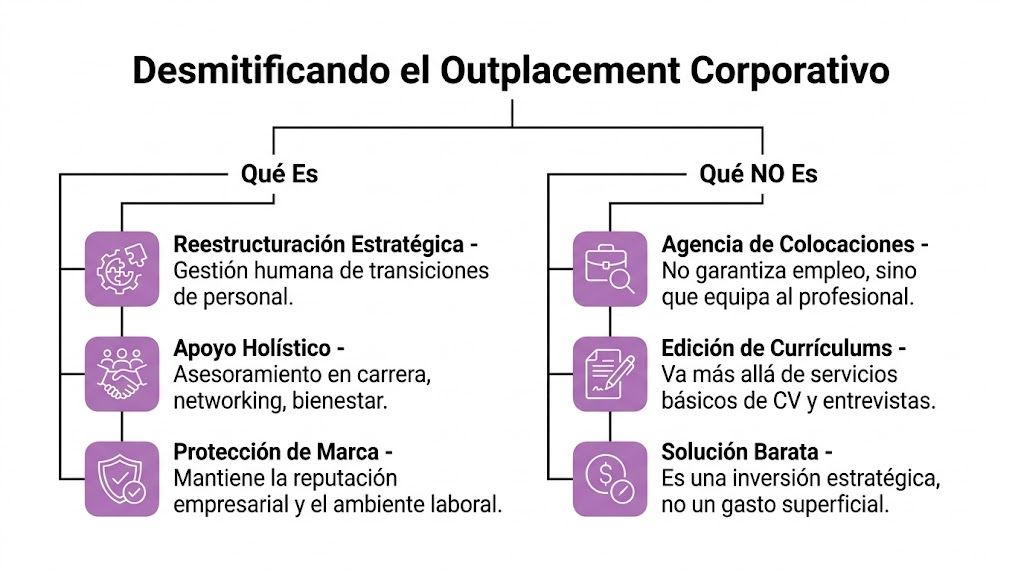 Infografía sobre desmitificación del outplacement corporativo, detallando sus características reales frente a conceptos erróneos comunes.