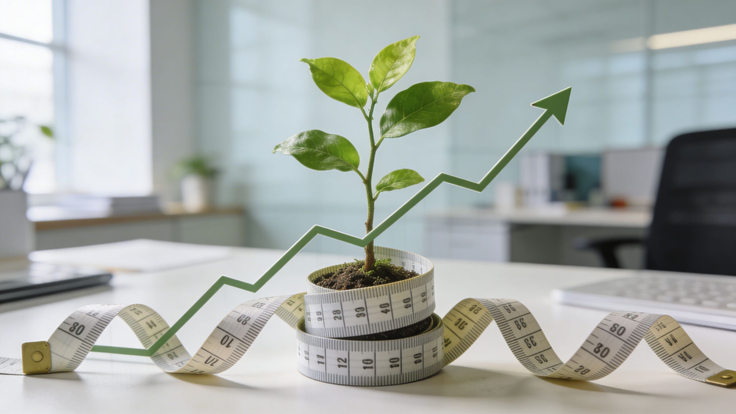 Una pequeña planta creciendo en una maceta envuelta con cinta métrica y una flecha verde ascendente.