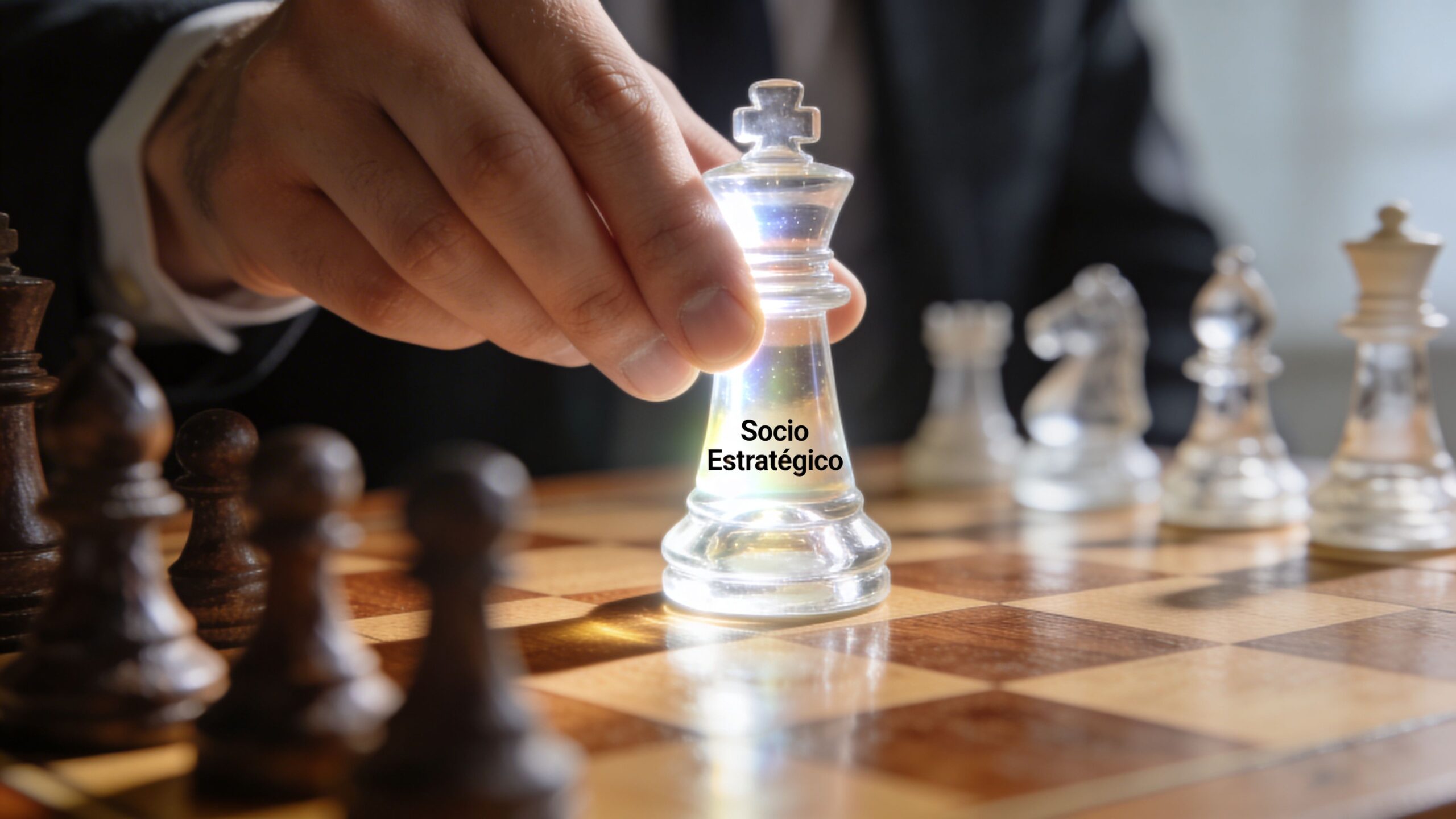 Una mano de ejecutivo moviendo una pieza de ajedrez transparente con la frase Socio Estratégico escrita.