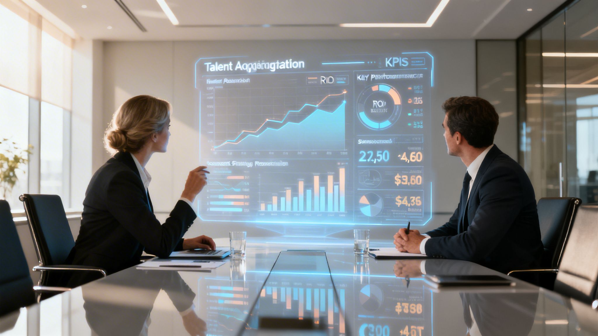 Dos profesionales de negocios analizando proyecciones de talento y métricas financieras en una pantalla holográfica interactiva.