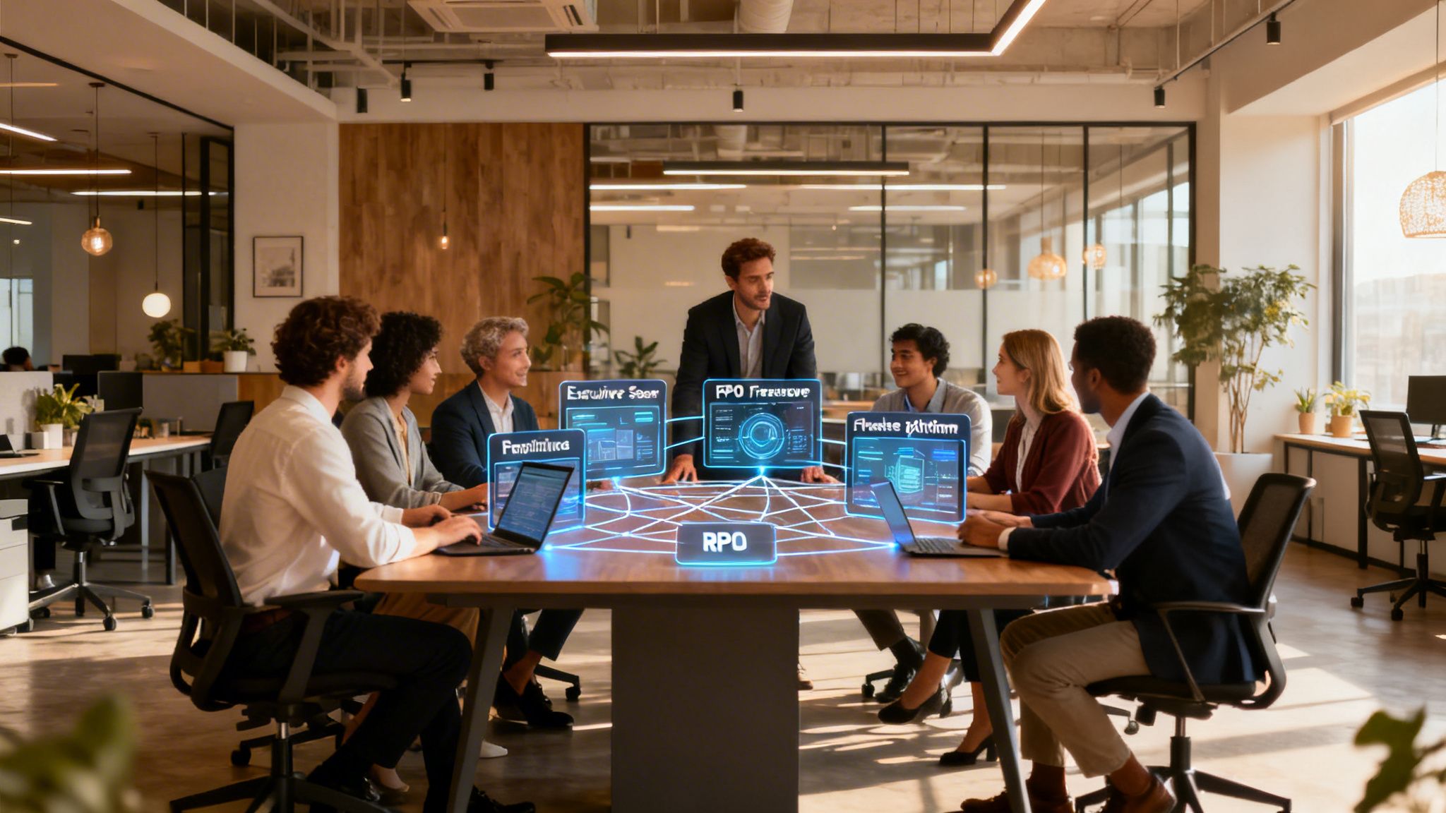 Un equipo de profesionales en una reunión de oficina colaborando con tecnología holográfica avanzada sobre una mesa.